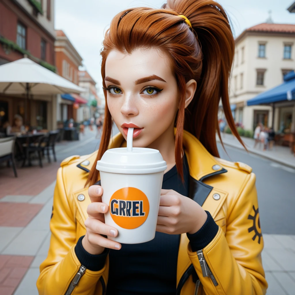 Woman wearing a yellow jacket holding a cup of coffee, extremely detailed Artgerm, Cartoon girl drinking energy drink, Senna from League of Legends, lovely Brigitte from Overwatch, Brigitte from Overwatch, ruan jia and Artgerm, trending Artgerm,  Faye Valentine , like Artgerm, range murata and Artgerm,  IG Model  | Artgerm