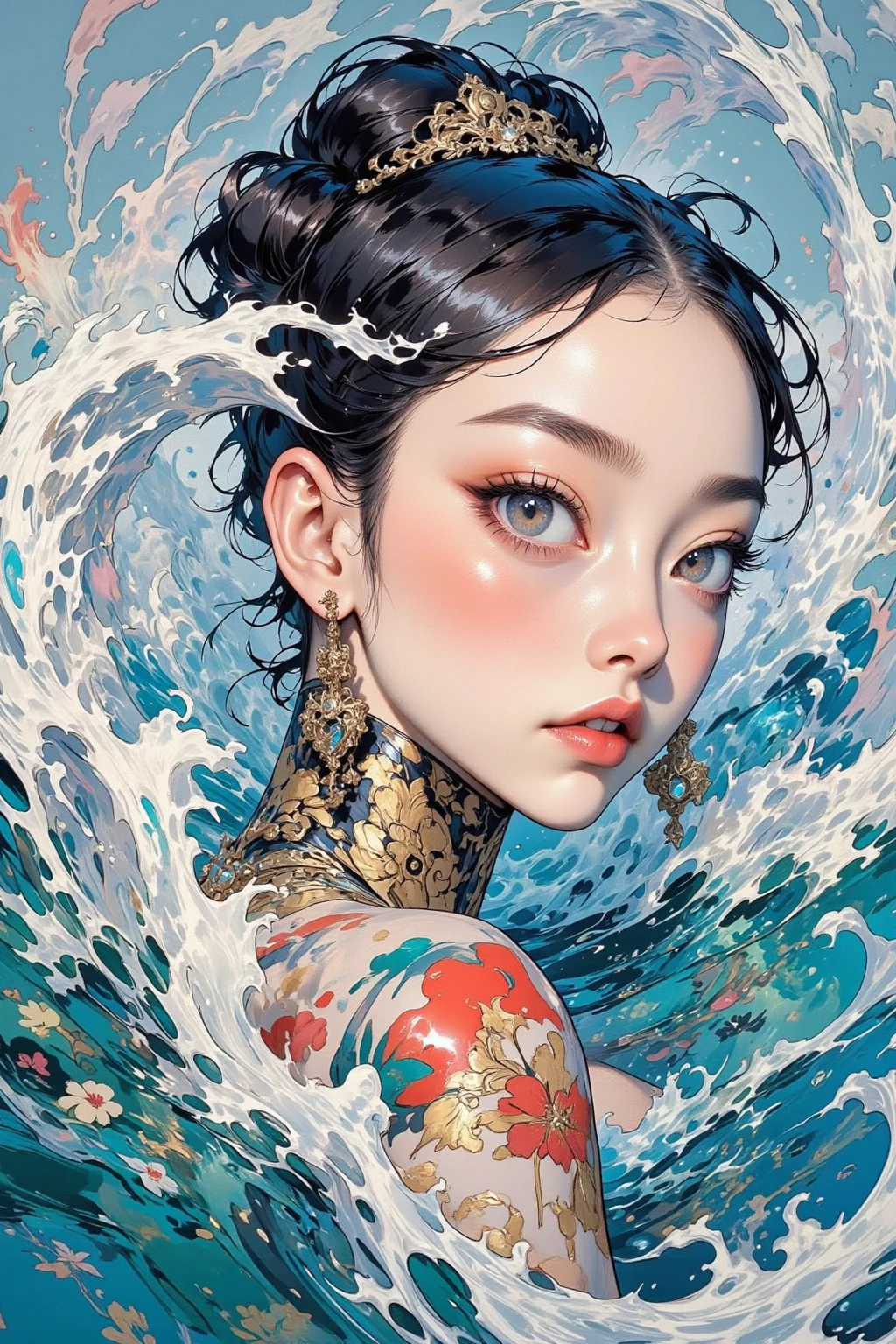 Paintings inspired by Kubrick movies,Movie stills, 黒い背景に water splashes と女性のクローズアップ,clear water, water splashes ,naive art ,Detailed Gouache Paintings  ,  perfect water expression  , Gouache Illustration  ,  gouache on canvas ,anatomically accurate ,   Highly Detailed Trending Video Art  ,Keyframes,  digital collage  ,     , Rendering of a beauty festival,   elegant female digital art  