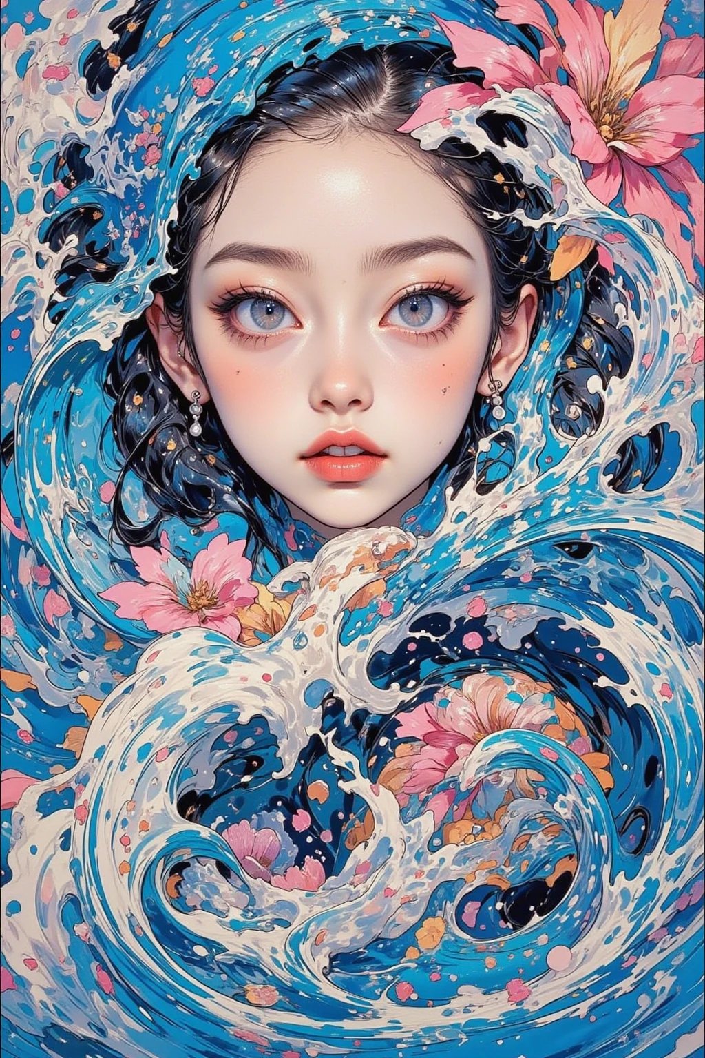 Paintings inspired by Kubrick movies,Movie stills, 黒い背景に water splashes と女性のクローズアップ,clear water, water splashes ,naive art ,Detailed Gouache Paintings  ,  perfect water expression  , Gouache Illustration  ,  gouache on canvas ,anatomically accurate ,   Highly Detailed Trending Video Art  ,Keyframes,  digital collage  ,     , Rendering of a beauty festival,   elegant female digital art  