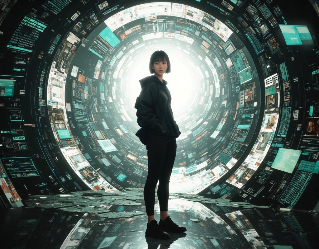 Aerial view, (flying vehicle), sci-fi outdoor crop circle maze as background. Matrix style, at night, dark sky. (1girl, solo), photo realistic, large-breast:1.2 slim:0.8 body, cleavage:1.2, tube top, miniskirt, (matrix style black sunglasses), (holding a mini:1.1 stun gun), half-body thigh level medium shot, cinematic lighting, ray tracing.