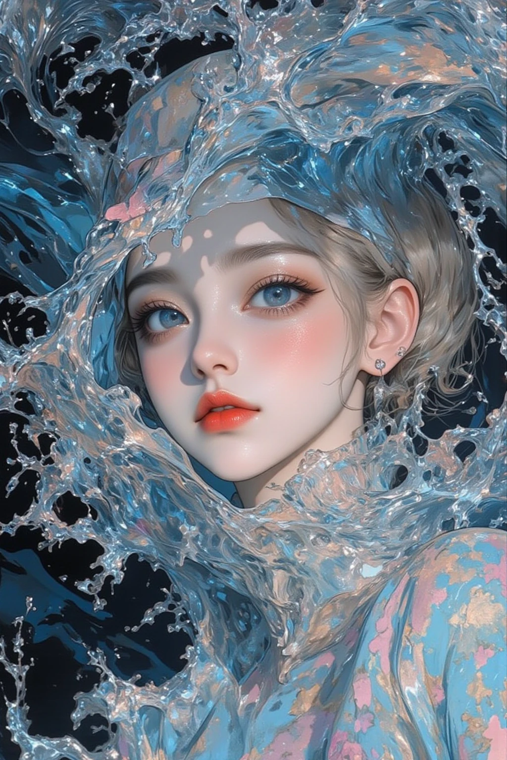 Paintings inspired by Kubrick movies,Movie stills, 黒い背景に water splashes と女性のクローズアップ,clear water, water splashes ,naive art ,Detailed Gouache Paintings  ,  perfect water expression  , Gouache Illustration  ,  gouache on canvas ,anatomically accurate ,   Highly Detailed Trending Video Art  ,Keyframes,  digital collage  ,     , Rendering of a beauty festival,   elegant female digital art  