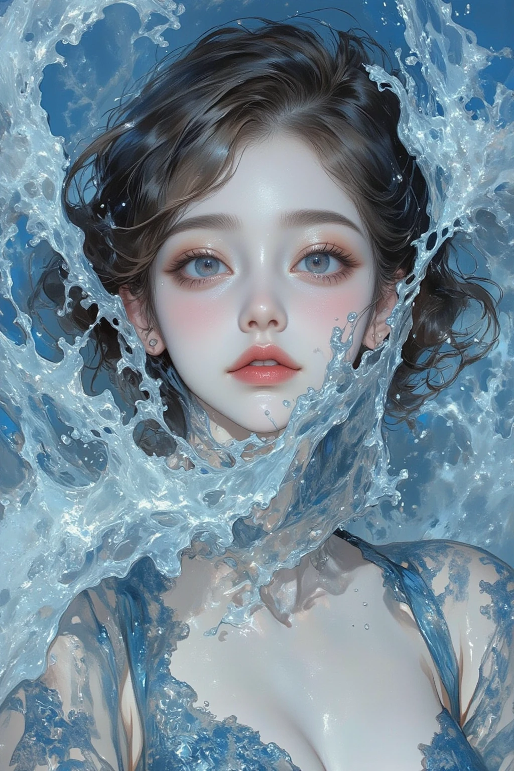 Paintings inspired by Kubrick movies,Movie stills, 黒い背景に water splashes と女性のクローズアップ,clear water, water splashes ,naive art ,Detailed Gouache Paintings  ,  perfect water expression  , Gouache Illustration  ,  gouache on canvas ,anatomically accurate ,   Highly Detailed Trending Video Art  ,Keyframes,  digital collage  ,     , Rendering of a beauty festival,   elegant female digital art  