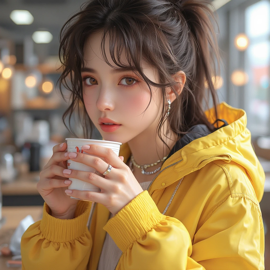 Woman wearing a yellow jacket holding a cup of coffee, extremely detailed Artgerm, Cartoon girl drinking energy drink, Senna from League of Legends, lovely Brigitte from Overwatch, Brigitte from Overwatch, ruan jia and Artgerm, trending Artgerm,  Faye Valentine , like Artgerm, range murata and Artgerm,  IG Model  | Artgerm