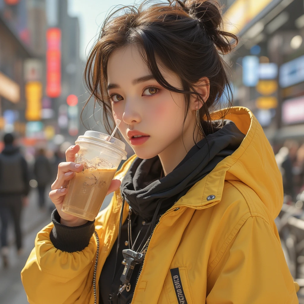 Woman wearing a yellow jacket holding a cup of coffee, extremely detailed Artgerm, Cartoon girl drinking energy drink, Senna from League of Legends, lovely Brigitte from Overwatch, Brigitte from Overwatch, ruan jia and Artgerm, trending Artgerm,  Faye Valentine , like Artgerm, range murata and Artgerm,  IG Model  | Artgerm