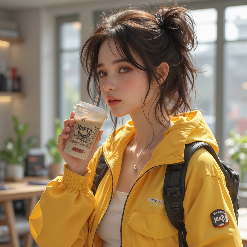 Woman wearing a yellow jacket holding a cup of coffee, extremely detailed Artgerm, Cartoon girl drinking energy drink, Senna from League of Legends, lovely Brigitte from Overwatch, Brigitte from Overwatch, ruan jia and Artgerm, trending Artgerm,  Faye Valentine , like Artgerm, range murata and Artgerm,  IG Model  | Artgerm