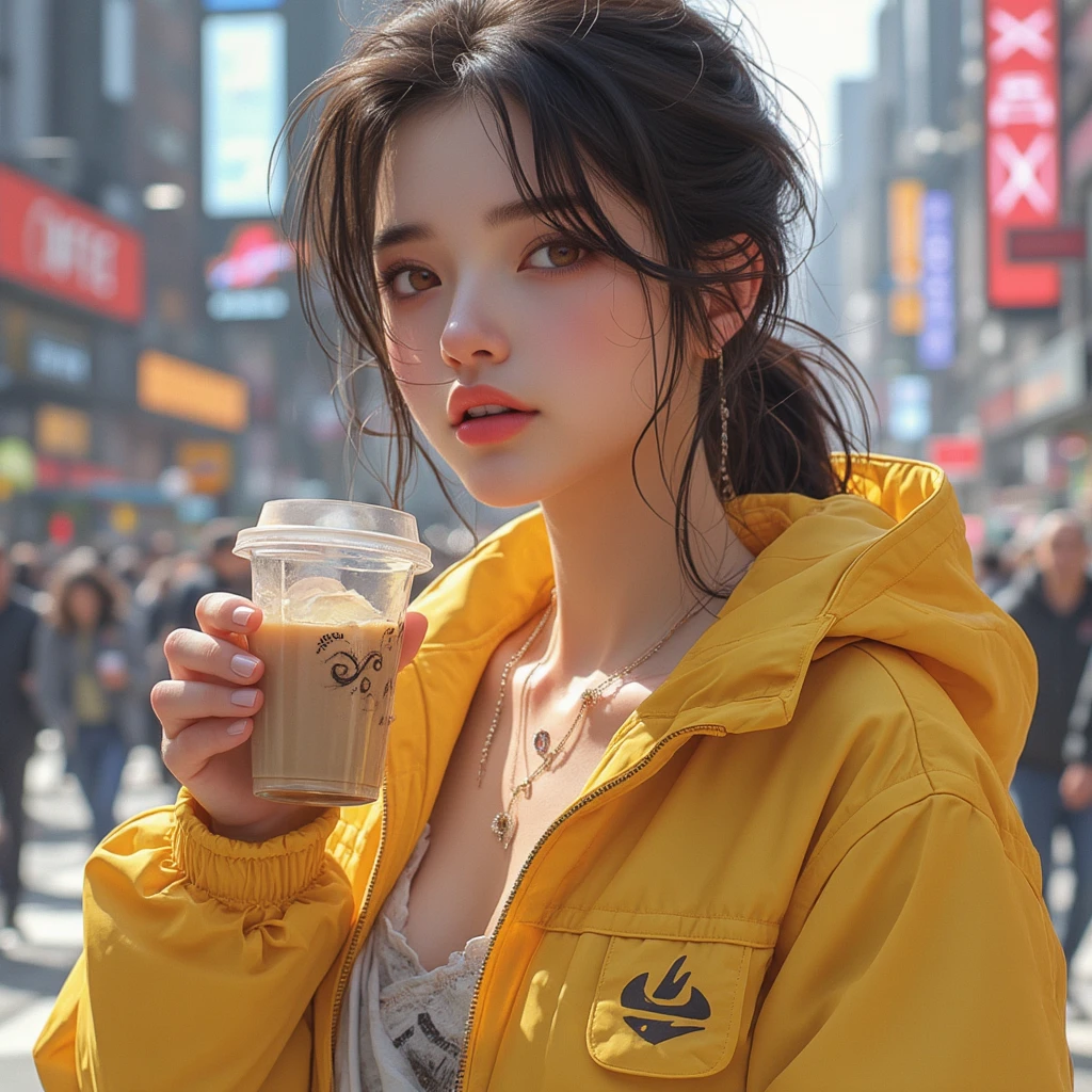 Woman wearing a yellow jacket holding a cup of coffee, extremely detailed Artgerm, Cartoon girl drinking energy drink, Senna from League of Legends, lovely Brigitte from Overwatch, Brigitte from Overwatch, ruan jia and Artgerm, trending Artgerm,  Faye Valentine , like Artgerm, range murata and Artgerm,  IG Model  | Artgerm