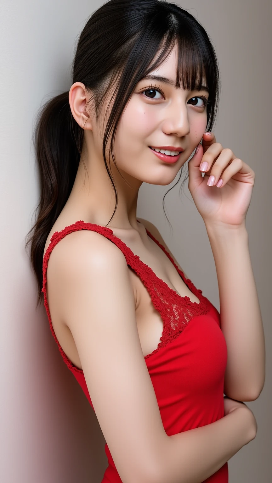 face perfect, beautiful face of a 14 year old Japanese , Smiling beautiful,in red background 