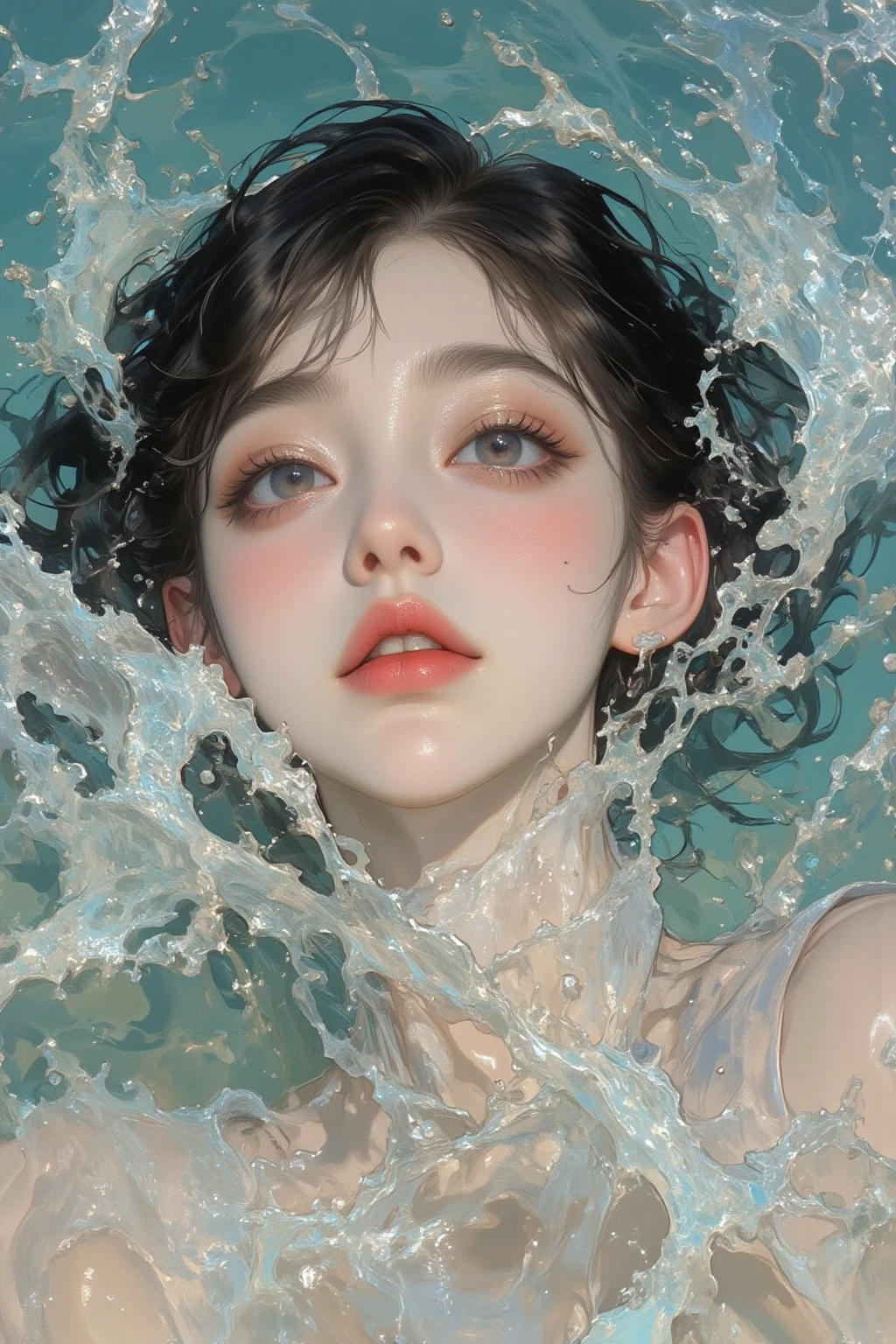 Paintings inspired by Kubrick movies,Movie stills, 黒い背景に water splashes と女性のクローズアップ,clear water, water splashes ,naive art ,Detailed Gouache Paintings  ,  perfect water expression  , Gouache Illustration  ,  gouache on canvas ,anatomically accurate ,   Highly Detailed Trending Video Art  ,Keyframes,  digital collage  ,     , Rendering of a beauty festival,   elegant female digital art  