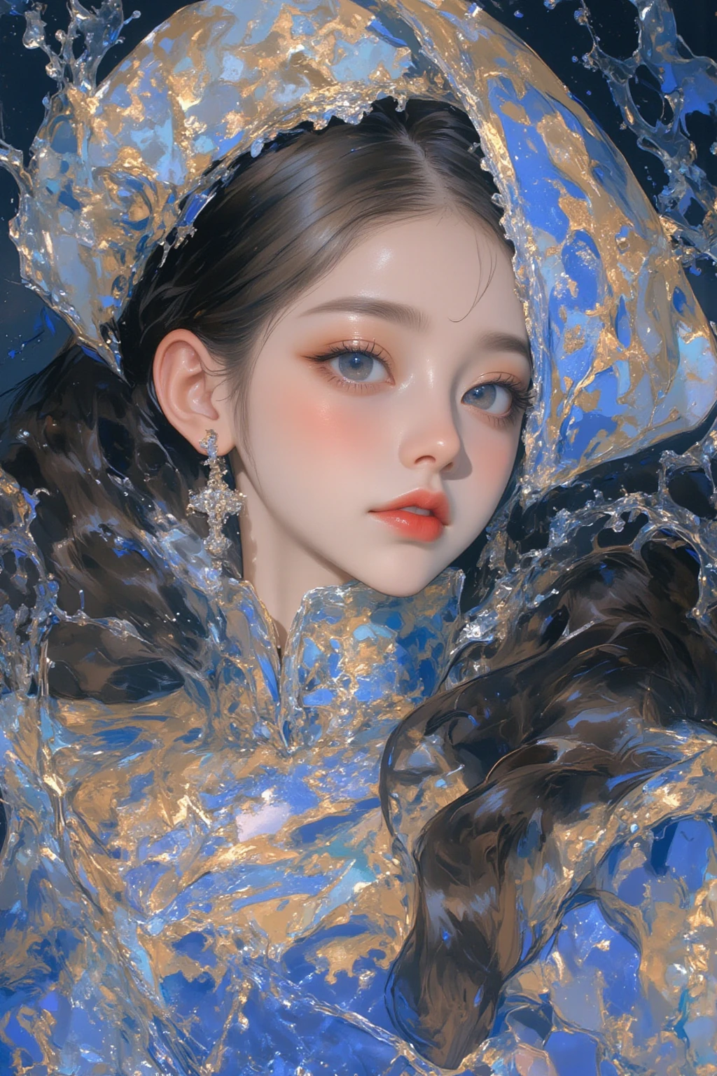 Paintings inspired by Kubrick movies,Movie stills, 黒い背景に water splashes と女性のクローズアップ,clear water, water splashes ,naive art ,Detailed Gouache Paintings  ,  perfect water expression  , Gouache Illustration  ,  gouache on canvas ,anatomically accurate ,   Highly Detailed Trending Video Art  ,Keyframes,  digital collage  ,     , Rendering of a beauty festival,   elegant female digital art  