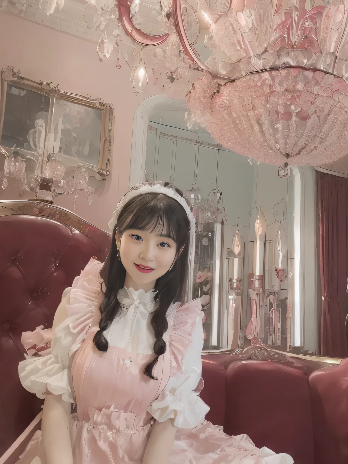 (((Highest Quality、highest resolution、masterpiece、8k)))、(((detailed face)))(((cute face)))(((Babyface)))(((Young contour)))(((Nice Eyes and Nose)))、((( Blizzard 10 )))((( model body type )))(((Perfect Podiline)))、((((long straight hair)))(((Girl in Red and Pink Edwardian Maid Outfit {X} Girl in Red and Pink Edwardian Maid Outfit))) Red and Pink Edwardian Maid Dress Red and Pink Edwardian Maid Outfit Girl in maid outfit Red and Pink Gothic Maid Costume Girl in Red and Pink Edwardian Maid Outfit ((Large Ruffled Maid Headband)) (((Shining Holy Glass Large Room with Shiny Marble Luxury furniture lavishly decorated living room))((sparkling chandelier)) (smile with raised corners of mouth)