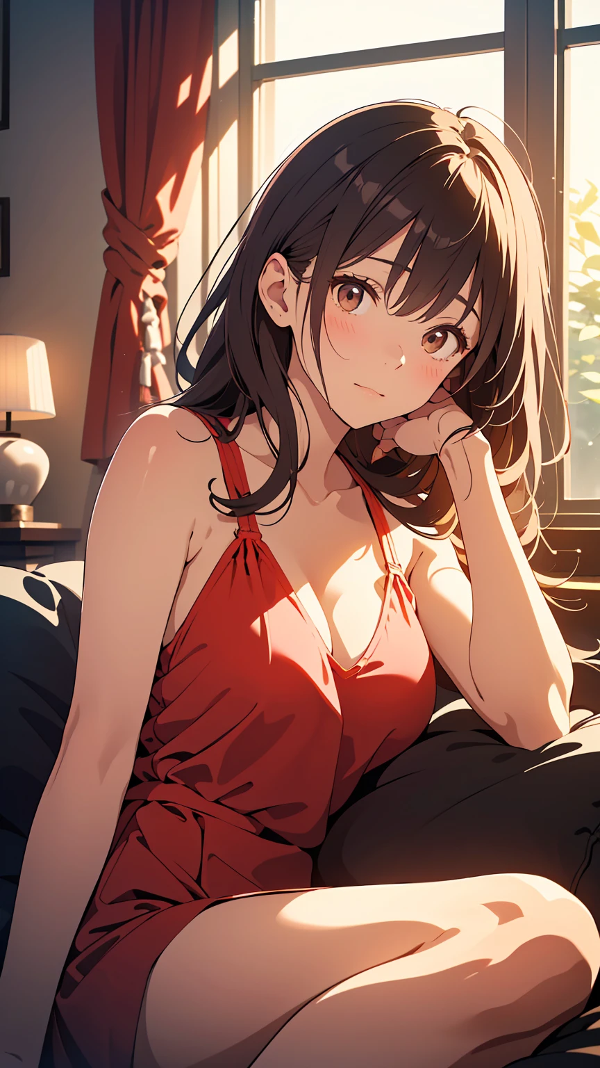 Amazing, 最好质量 , Ultra-detailed, A high resolution, Extremely detailed,Best quality ,Masterpiece, illustration, An extremely delicate and beautiful, Extremely detailed ,CG ,8K wallpaper, Amazing, finedetail, Masterpiece,Best quality,offcial art,,closeup cleavage,volumettic light,Mood lighting,((the setting sun)),Outside the window,blossoms,,𝓡𝓸𝓶𝓪𝓷𝓽𝓲𝓬,True light source,1girll,thighs focus,brunette color hair,((Red silk nightdress)),sit on a bed,Red sheets,smallunderboob,M open legs,Bare legs,Absolute realm