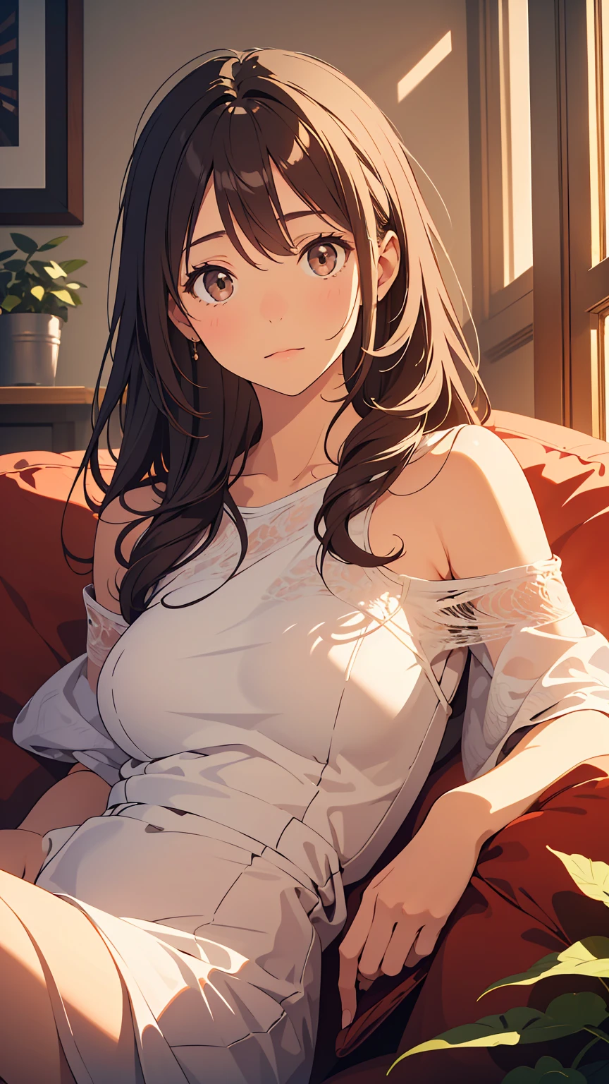 ((master piece)) , ((kanojo okarishimasu)) , ((mizuhara chizuru)) , ((detailed art style)) , ((highly detailed)) , ((finely detailed)) , ((beautiful girl)) , (photo realistic) , lingerie couch , sitting , arm support, ,Mizuhara Chizuru, brown hair, light brown eye,pretty lingerie