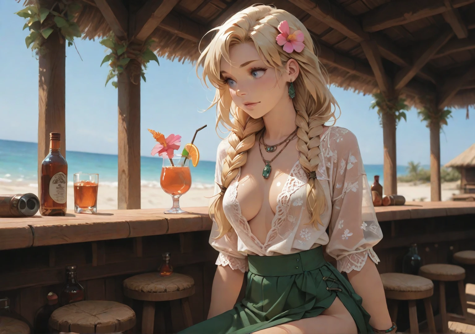 (((Blonde stunning hair))), (blue eyes), blue necklace, Golden earrings, Fit, Gorgeous Body, gorgeous, brown eyebrows, (two moles over lip), big pupils, (23 years old), 1girl,solo, complex skin, warm light, (large breasts), wide thighs, round butt, 5 fingers, ((blushing)), ((detailed face, best quality)), ((masterpiece)), ((ultra-detailed)), (beautiful detailed eyes), red lip, eyeshadow, beautiful face, long hair, very detailed eyes, intricate details in eyes, perfect lips, good lighting, cleavage, ((smug face)), sexy short dress, ((showing off cleavage)), (sitting with knees folded on beach, sandals, sandals up, feet focused, smirk:1.4), (full body , from below, pov:1.5), beautiful toes