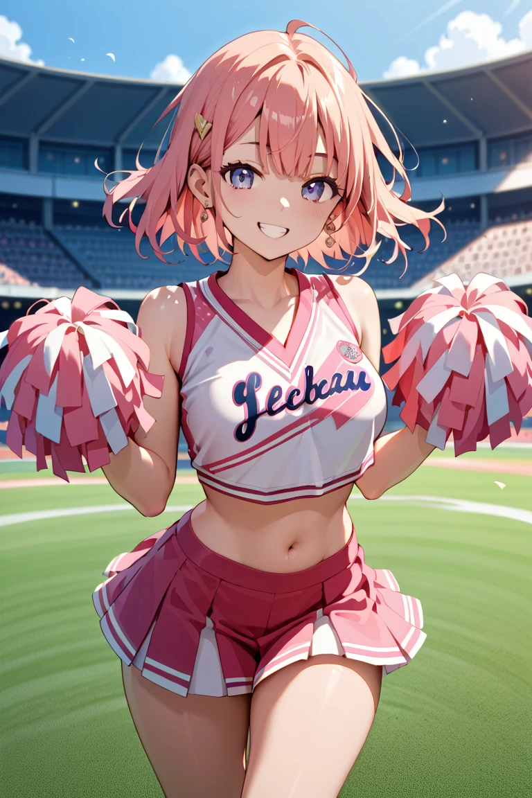 Pink Hair、Pink Eyes、girl、Small breasts、Hair Bun、girl、Small breasts、Lolita、Bright smile、Looks about 15 years old、Petan Musume、short、目のhighlight、Sexy thighs、Cheerleader、Please show me your armpits、Your eyes are so beautiful、highlight