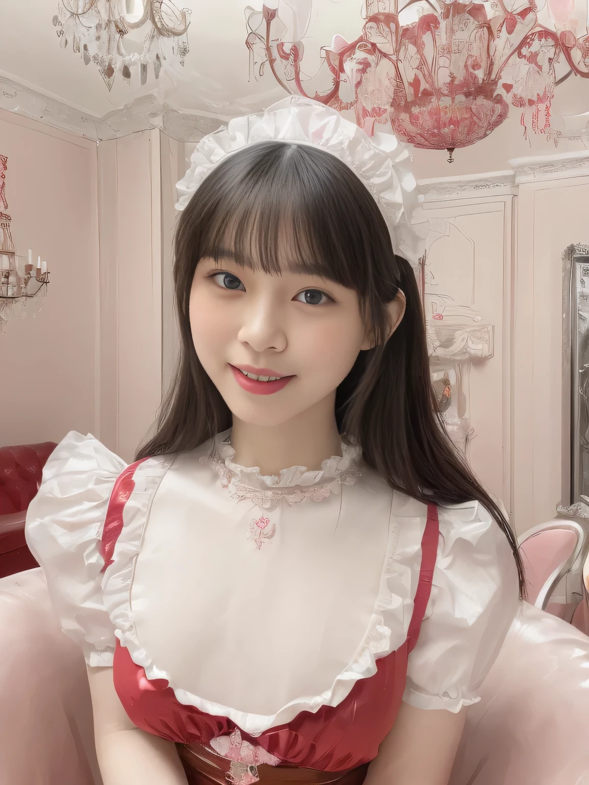 (((Highest Quality、highest resolution、masterpiece、8k)))、(((detailed face)))(((cute face)))(((baby face sitting in POV)))(((Young contour)))(((Nice Eyes and Nose)))、((( Blizzard 10 )))((( model body type )))(((Perfect Podiline)))、((((long straight hair)))(((Girl in Red and Pink Edwardian Maid Outfit {X} Girl in Red and Pink Edwardian Maid Outfit))) Red and Pink Edwardian Maid Dress Red and Pink Edwardian Maid Outfit Girl in maid outfit Red and Pink Gothic Maid Costume Girl in Red and Pink Edwardian Maid Outfit ((Large Ruffled Maid Headband)) (((Shining Holy Glass Large Room with Shiny Marble Luxury furniture lavishly decorated living room))((sparkling chandelier)) (smile with raised corners of mouth)