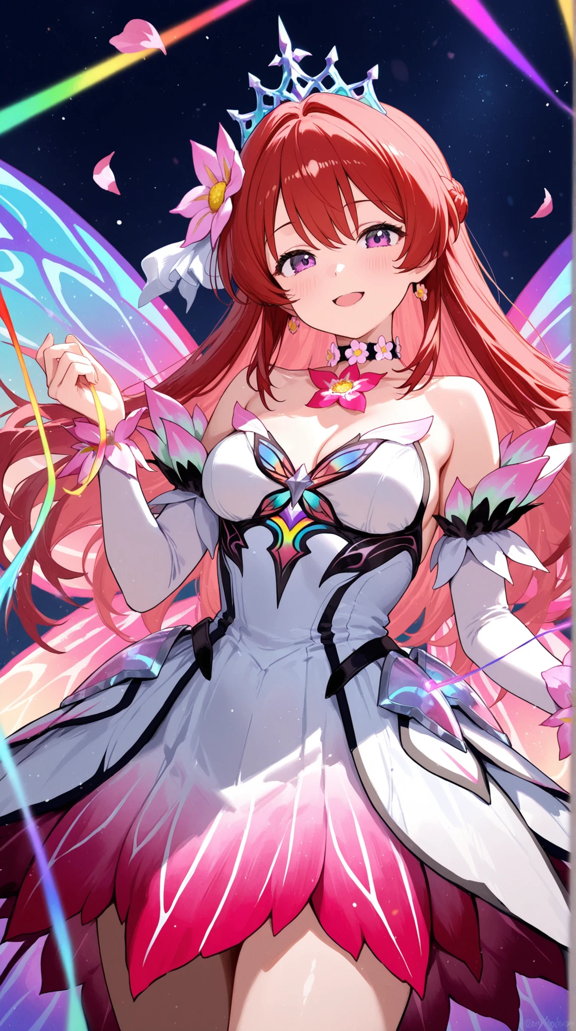 female, Fancy dress woven with rainbow thread, Resplendent Tiara, pretty flower choker, 