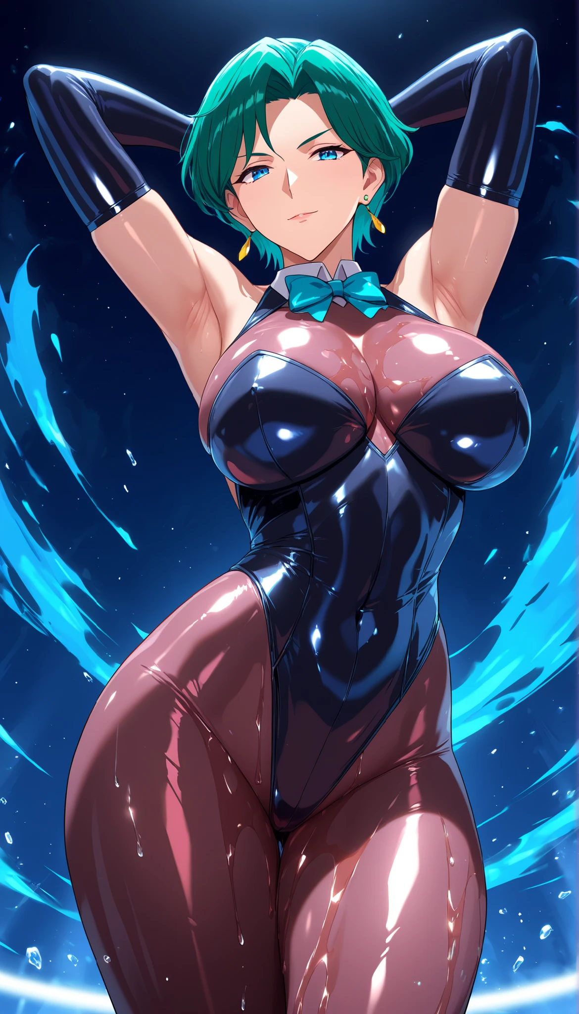 score_9, score_8_up, score_7_up, best quality,masterpiece,ultra-detailed,realistic, photo-realistic,High-definition face drawing,RAW photo,official art,detailed background, (wearing clothes:1.5), (dynamic pose:1.2), (imagination of joy),(Nice face), multicolored hair, (Dip dye hair:1.1), blue mucus floating around, Slime Girl,covered in blue slime, (partially transparent), (Wet with water), (blue sweat), Slimy blue liquid dripping from her body. Her hair is also covered in blue slime. blue slime scatters, Blue hair, blue eyes, (Intricate and colorful biomechanical bodysuit: 1.2), (Zentangle: 1.2), (Mandala: 1.2), (Entanglement: 1.2), ninja, bare shoulders, detached sleeves, cleavageThe blue sky reflected in a puddle