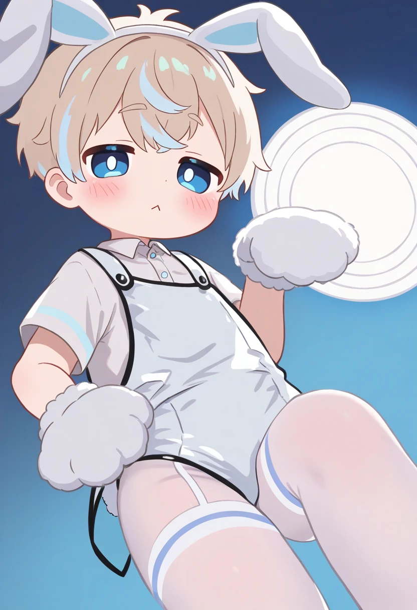 (solo:2), (boldline:-1.7), (metal tray on his hand:1.3), (glass on tray:1.5), (black bow tie:1.5), (sexy pose:1.5), (arched back:1.2), (spread legs:1.2), (((fang))), (((best finger))), BREAK (best quality:1.5), (absolutely resolution:1.5), (ultra detailed:1.5), (masterpiece:1.5), (perfect face), (detailed face), (detailed eyes), (best eyes), (cute face), (shota:2), BREAK (bunny costume:1.5), BREAK (white loincloth:1.5), (rabbit ears:1.5), (bunny tail on his hip:1.5), (bulge:1.6), (skinny:1.3), BREAK (light blue hair:1.5), (spiked hands), (wine red eyes:1.4), (eyes with highlight:1.6), ((mole under eye)), (sweaty skin), (grin:1.3), ((earrings)), (shiny skin:1.3), BREAK (casino:1.5), (money:1.5), (((spot light))), ((wind blowing)), ((nipple)), (abs), (groin), from below,