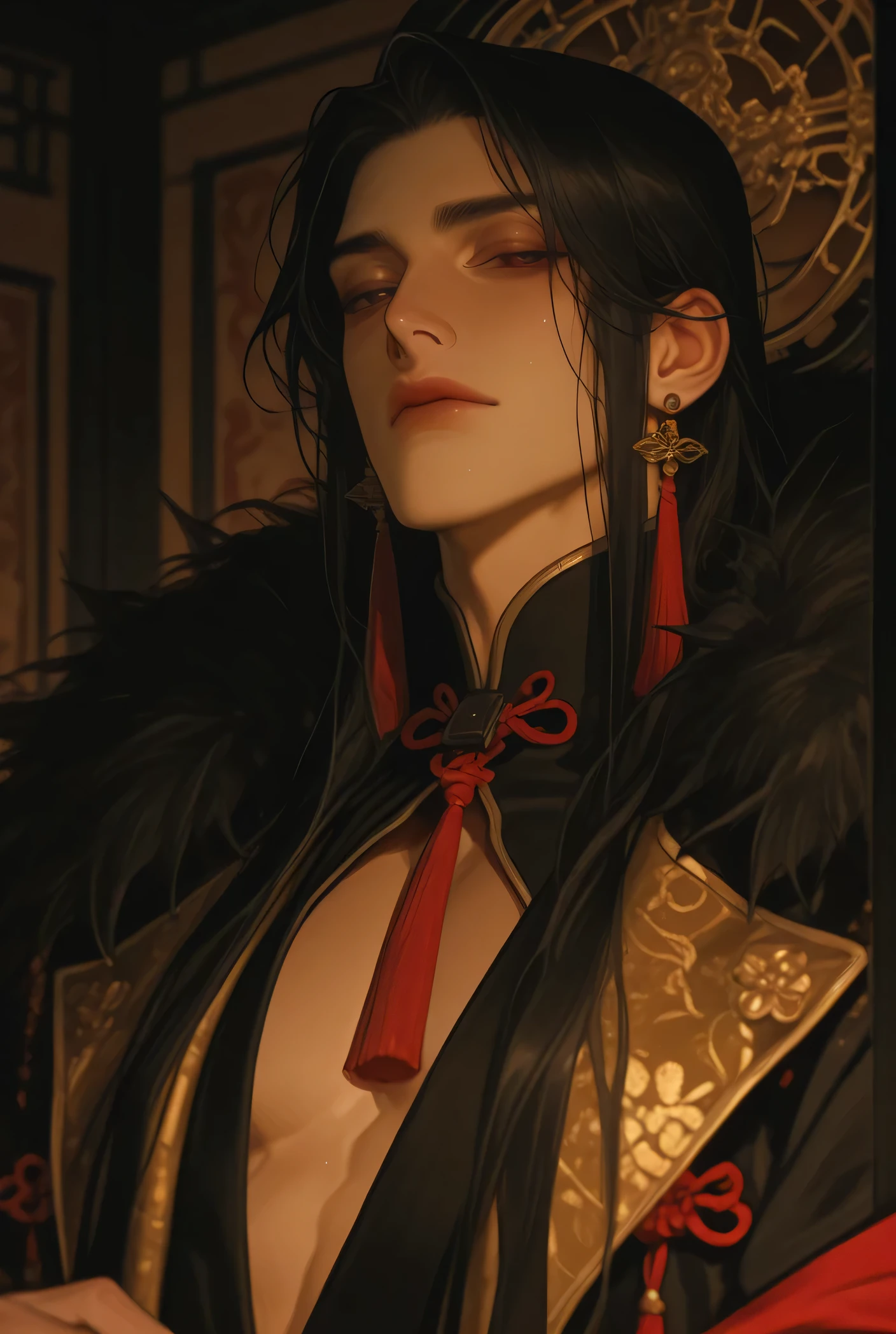 Chinese emperor in period era long black hair and dark eyes Personality cold and be Tyrant wear blacks and gold