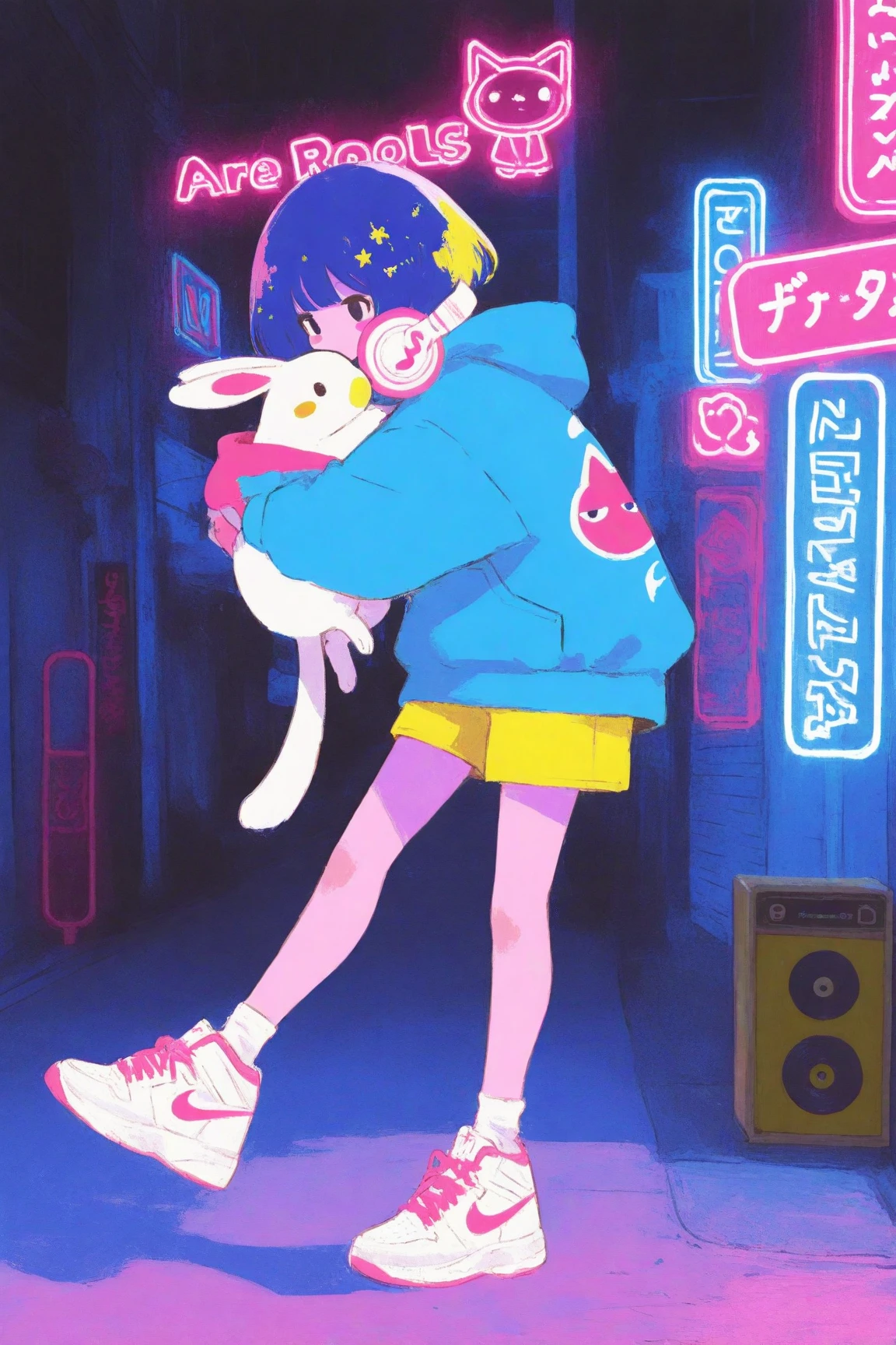 has an energetic and bright expression on the street where neon lights shine at night A girl in her late s is walking,pop icons such as stars,pastelピンクのボブヘアにカラフルなヘアピンを複数つけている,pastel yellow shorts,Clothes are oversized, bright blue hoodies、pastelイエローのショートパンツ、white Nike sneakers,The girl rolls a record box with a carry with her right hand,The record box is white、music and anime characters、Cute Animals（Cats, rabbits, etc.）、full of colorful stickers with the brand logo,kicks one leg forward so you can see walking movements, overaction gait,Buildings,road signs,the background and surroundings are cute cartoon style,Soft Shadows,pastel＆based on vivid colors,large white headphones on the neck、pink and blue neon lights and the city are floating in the background,high definition,bright and pop atmosphere,drawing in every detail, Anime Moe Art Style, Cute Core, cute art style,  cute anime , Official Artwork, cute little character girl, candy punk character design