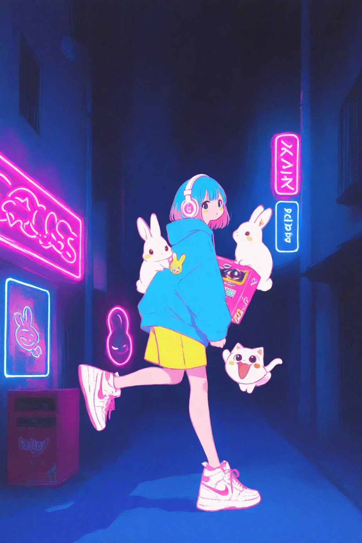 has an energetic and bright expression on the street where neon lights shine at night A girl in her late s is walking,pop icons such as stars,pastelピンクのボブヘアにカラフルなヘアピンを複数つけている,pastel yellow shorts,Clothes are oversized, bright blue hoodies、pastelイエローのショートパンツ、white Nike sneakers,The girl rolls a record box with a carry with her right hand,The record box is white、music and anime characters、Cute Animals（Cats, rabbits, etc.）、full of colorful stickers with the brand logo,kicks one leg forward so you can see walking movements, overaction gait,Buildings,road signs,the background and surroundings are cute cartoon style,Soft Shadows,pastel＆based on vivid colors,large white headphones on the neck、pink and blue neon lights and the city are floating in the background,high definition,bright and pop atmosphere,drawing in every detail, Anime Moe Art Style, Cute Core, cute art style,  cute anime , Official Artwork, cute little character girl, candy punk character design