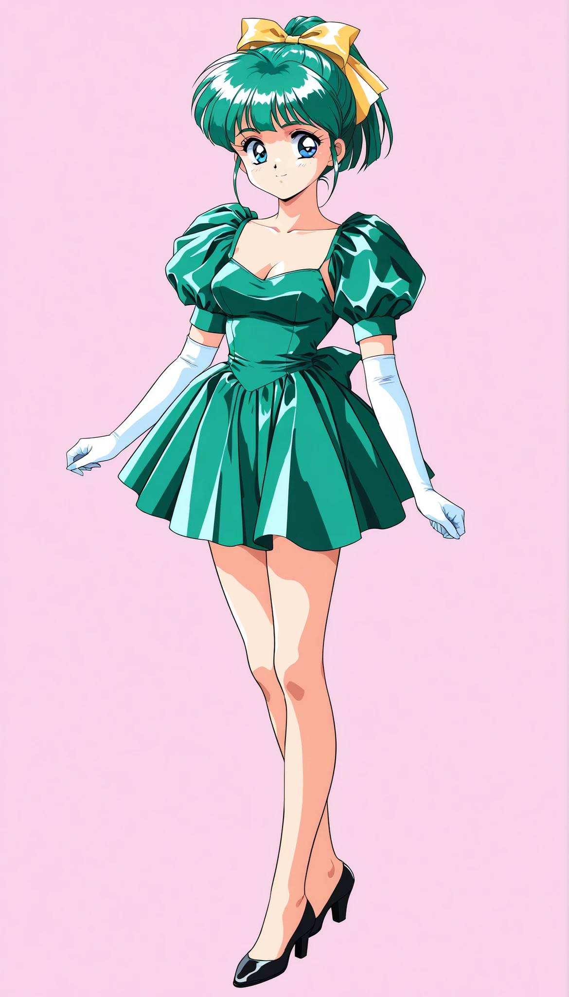 1 girl、solo、green hair,short hair、ponytail、 blue eyes、hair ribbon、Yellow Bow、Hair Bows、bungs、1990s(style)、角井綾style,全身style,Cute breasts,Bare legs、green dress,long flared dress,puff sleeve,Elbow Gloves,white gloves,black heeled pumps,standing facing the front,