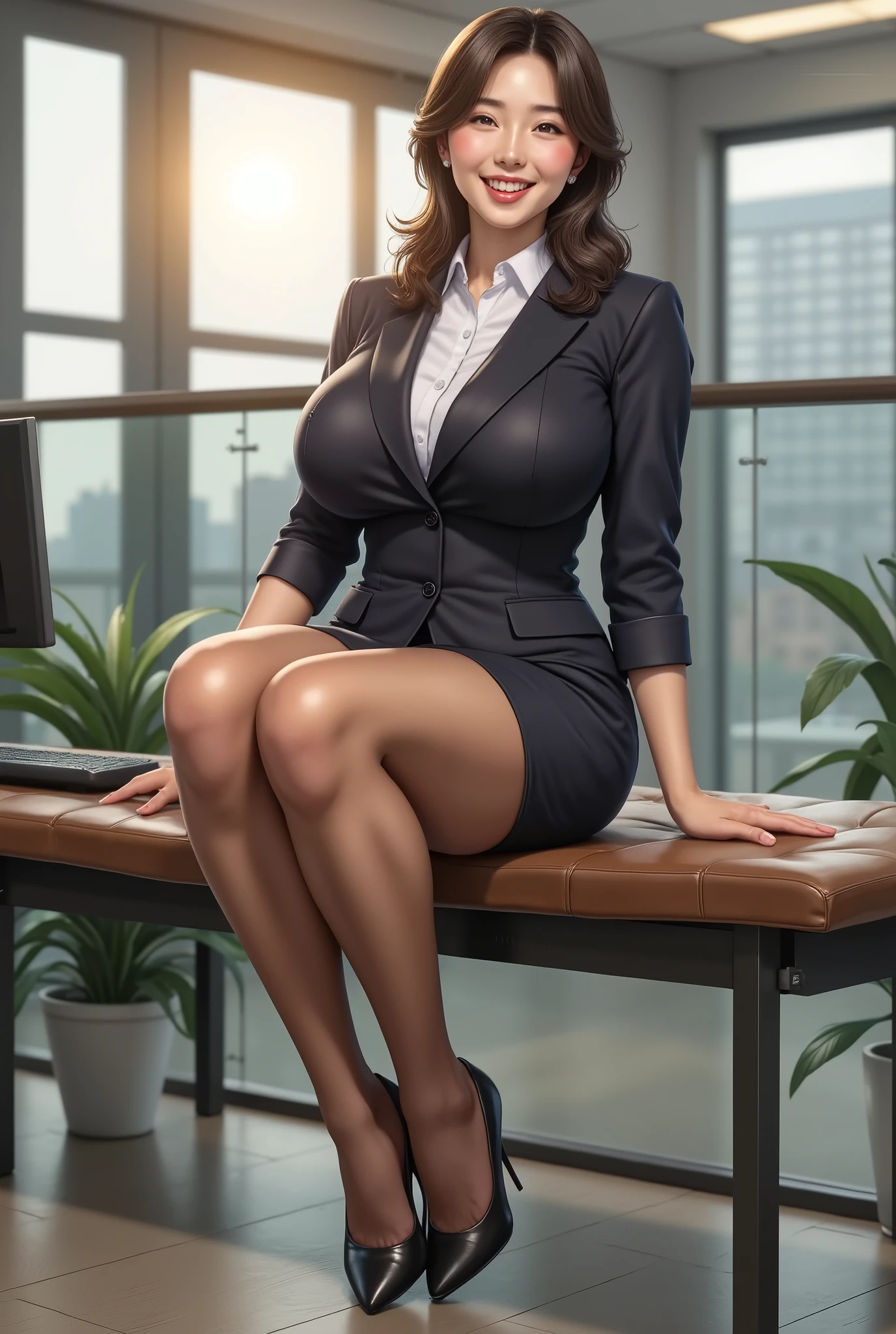 ( photorealism :1.2)、 full body image 、Sexy brown pantyhose, beautiful日本のモデル、39; thick legs、 female 、39; office worker uniform 、 black high heels 、smile、 bench、 open your legs slightly 。 super realistic brown pantyhose, perfect two legs sitting apart 、 beautiful手足、 Ultra Realistic Skin Texture、 beautiful、radiant skin。Beautiful brilliant and realistic brown pantyhose , A female bank employee wearing brown pantyhose sitting next to me is sitting with brown pantyhose。