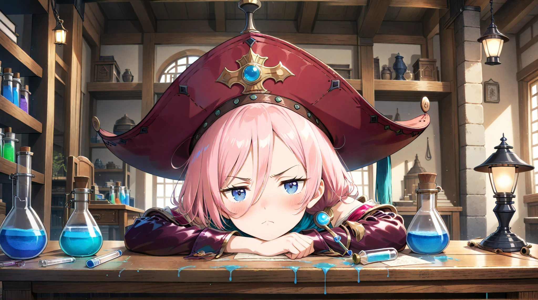 Alchemist Girl,pink hair,blue eyes,vertebrae,grumpy,stares,Place your face on the desk,My face is touching my desk,characteristic large hat,Western architecture,interior, atelier ,an antique-style desk,Walking lamp,Test tube,blue liquid in the flask,low angle,Look up from the front,super close distance between eyes and nose,looking at viewer