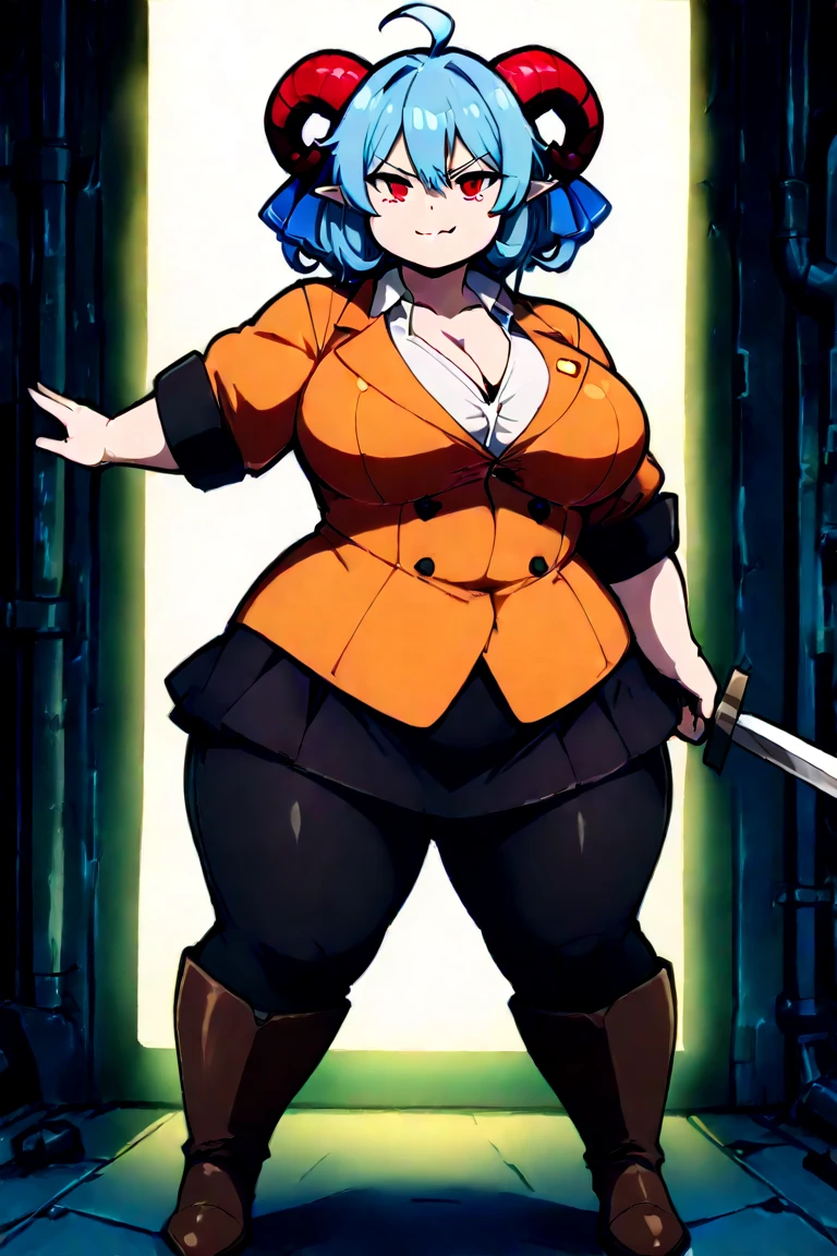 (masterpiece, high quality, highres:1) 1girl,solo,<lora:elun-wasabiya:1>,elunstyle,gigantic breasts,thick thighs,long sleeves,pants,patterned background,<lora:arrowbg-wasabiya:1>,arrowbg,<lora:pointing-wasabiya:1>,pointing,long hair,from above ,<lora:kanakoyasaka:1>,short hair,1girl,red eyes,purple hair,hair ornament,breasts,leaf hair ornament,large breasts,red shirt,puffy sleeves,wind,flowing sideways,hand on hip,