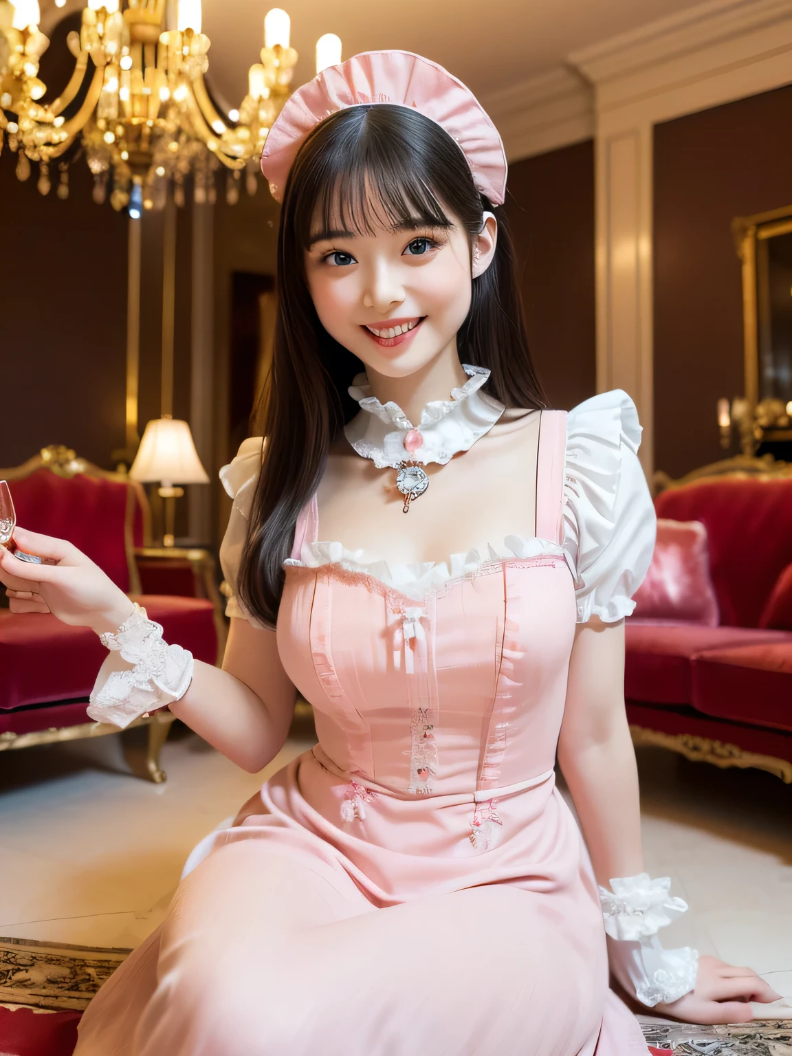 (((Highest Quality、highest resolution、masterpiece、8k)))、(((detailed face)))(((cute face)))(((baby face sitting in POV)))(((Young contour)))(((Nice Eyes and Nose)))、((( Blizzard 10  )))((( model body type )))(((Perfect Podiline)))、((((long straight hair)))(((Girl in Red and Pink Edwardian Maid Outfit {X} Girl in Red and Pink Edwardian Maid Outfit)))　Red and Pink Edwardian Maid Dress　Red and Pink Edwardian Maid Outfit　Girl in maid outfit　Red and Pink Gothic Maid Costume　　Girl in Red and Pink Edwardian Maid Outfit　((Large Ruffled Maid Headband))　(((Shining Holy Glass　Large Room with Shiny Marble　Luxury furniture　lavishly decorated living room))((sparkling chandelier)) (smile with raised corners of mouth)