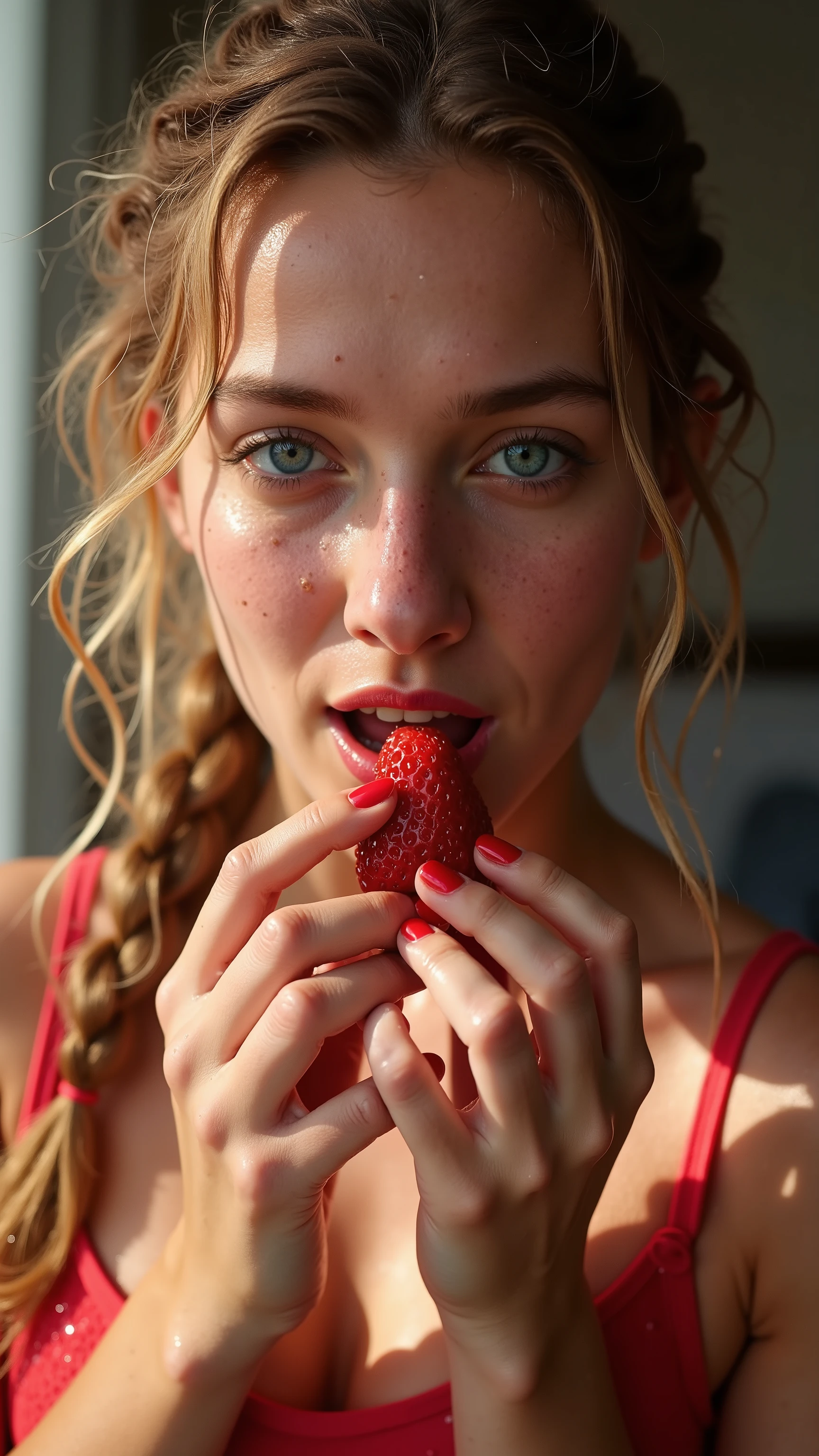 Epic realistic low coloured portrait photography, sharp image, very low contrast, 35 years old pretty sexy sweaty muscles woman eating red strawberry, light from sun and shades on the face from outside, big blue eyes, abs, at the fantasy world, more lighs, red lips, little open mouth, a little freckles, blonde long curly in one braid, water droplets on the face, sweat running down the face, red nails, main portrait light, half face hidden under the glass, glittering reflections on the shoulder, wet light red transparent undershirt, white background, Canon 5DMarkII, Canon L85/1.2, focus f=1.2, distance=85 ft, in the atelier, backlight. 4k nordic woman... --ar 9:16