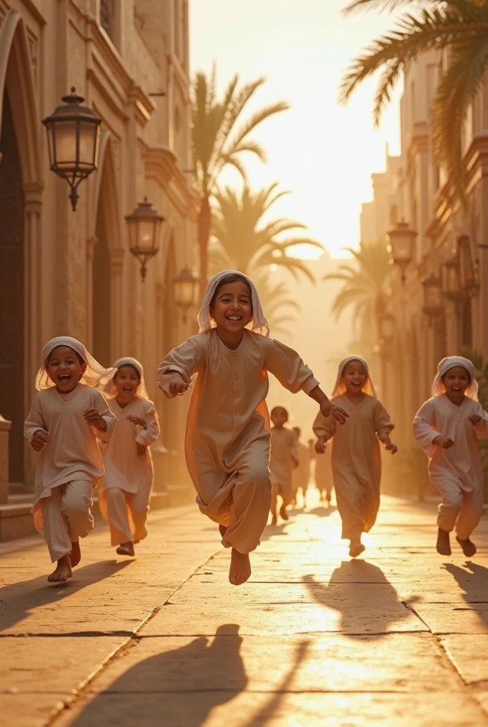 A wide-angle cinematic shot of joyful ren playing in the sunlit streets of old Madinah during golden hour. The scene captures clear, expressive faces of 5–7 ren with Middle Eastern features, dressed in traditional Islamic clothing — long thobes and headscarves — as they smile, laugh, and run freely. One  is mid-air in a playful jump, another is spinning joyfully, and others are watching with warm expressions. The streets are lined with warm stone buildings and arched wooden doors, all bathed in soft, golden sunlight. Palm trees and old lanterns decorate the scene, casting gentle shadows. The spiritual ambience is reflected in the peaceful atmosphere and subtle glowing light filtering through the dust in the air. Hyper-realistic 8K image with sharp facial details, expressive eyes, natural skin tones, and dynamic body movement. Cinematic color grading with warm highlights and soft contrast. Wide camera angle with shallow depth of field for a beautiful focus on both the characters and their environment.