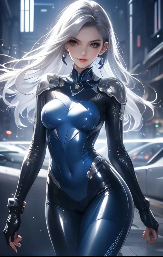 Super beautiful shining eyes、(​masterpiece、4K resolution、A hyper-realistic、ighly detailed)、(White Superhero Theme、Charisma、There's a girl in a Spider-Man costume over town、She's a superhero)、 [((25-years old)、(Long grey hair:1.2)、full bodyesbian、(blue eyess:1.2)、((Spider-Man pose)、show of strength、Jump from one building to another)、((Sandy urban environment):0.8)|(A city scape、natta、Dinamic Light)、(fullmoon)]#illustrate:Prompts are mainly ultra high definition、very real、Describes highly detailed 4K paintings。A superheroine in a Spider-Man costume is depicted at the top of the city。The theme of the picture is white superhero theme、The female protagonist has long white hair and、At the age of 17、Her whole body is shown in the painting。In terms of depicting the actions of superheroines、Spiders are employed