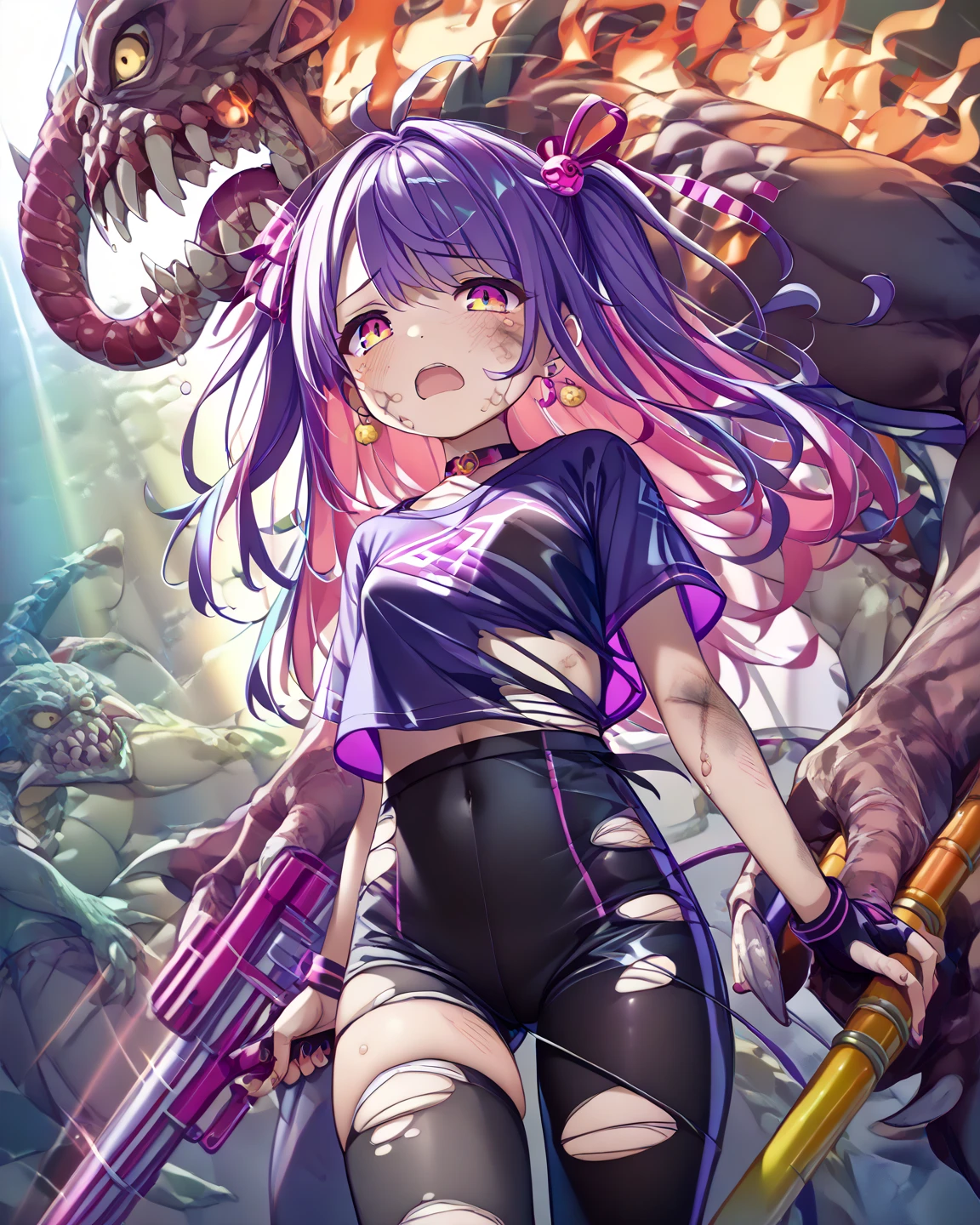 vector T-shirt design, modern graphics design, purple tones, white background, featuring a charming baby dragon with one curvy girl and smoke out of his mouth