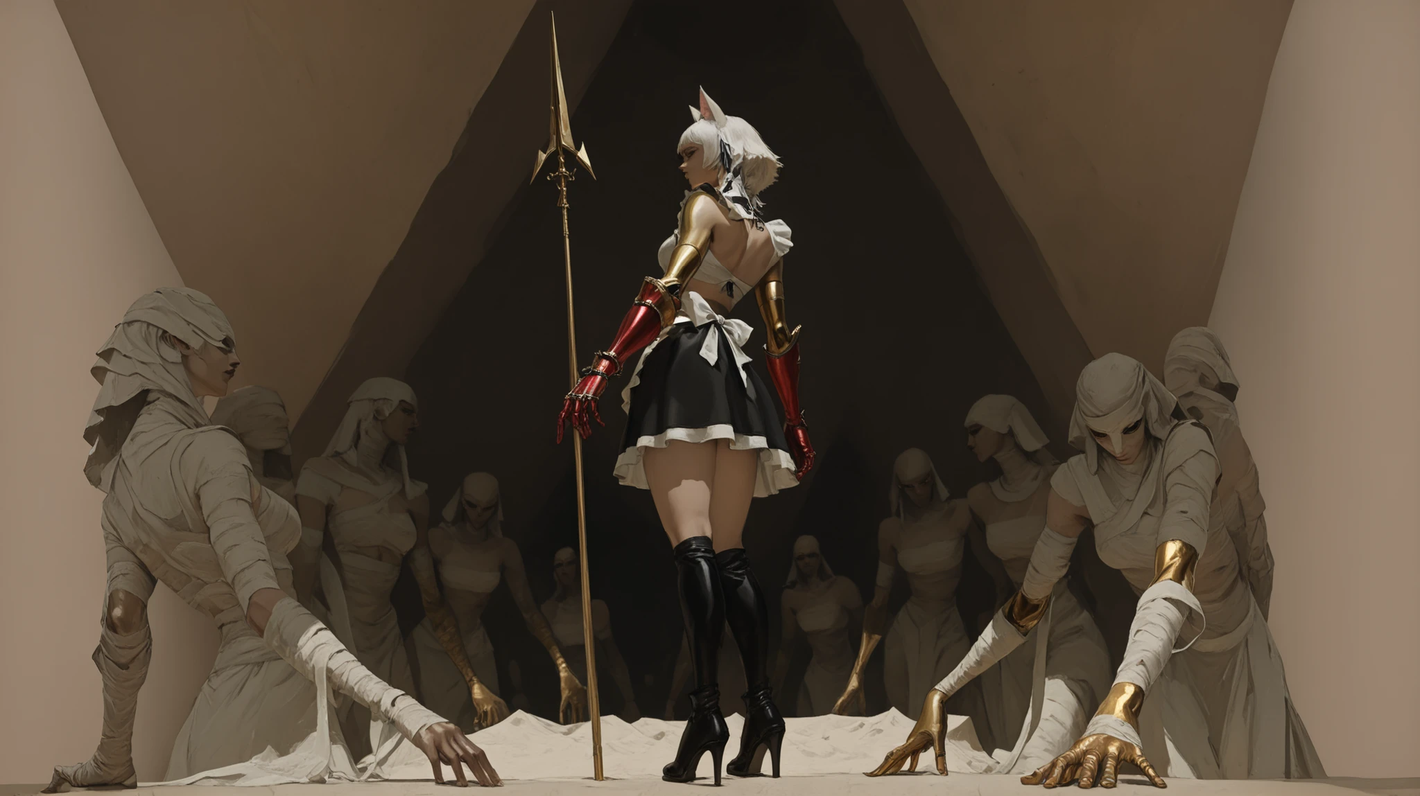 Beautiful girl with cat ears, short white hair, with a long side fringe, ojos rojos, sharp eye, beautiful skin, extremely nice body, ,((pretty face)), alone, Alone, A maid's uniform, MEDIUM SKIRT, (maid) , (A big, red gauntlet on the right arm), (left arm without gauntlet hands bandaged) ( a spear in his hand ), (black boots with heels), beautiful thighs, (She is standing on her back), (profile), (his back is visible) , (in the background is in Egypt, inside a pyramid with a modern touch and alien style with white and light brown colors, And in the background in the distance a girl in simple Egyptian mummy-like clothes with bandages, And some golden arms )