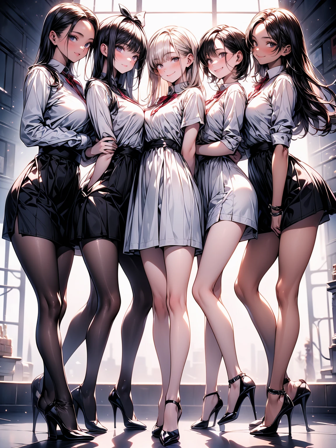 ((((3 girls)))), absurdres, RAW photo, extremely delicate and beautiful, masterpiece, Best Quality, ultra high resolution, 32k, hyperrealistic, ultra-detailed, detailed description, perfect figure, perfect shape, perfect ???????, pale skin, 20 years old, detailed beautiful face and eyes, tearful mole, earring, short medium hair, wavy hair, big tits, golf uniform, polo shirt, shorts,