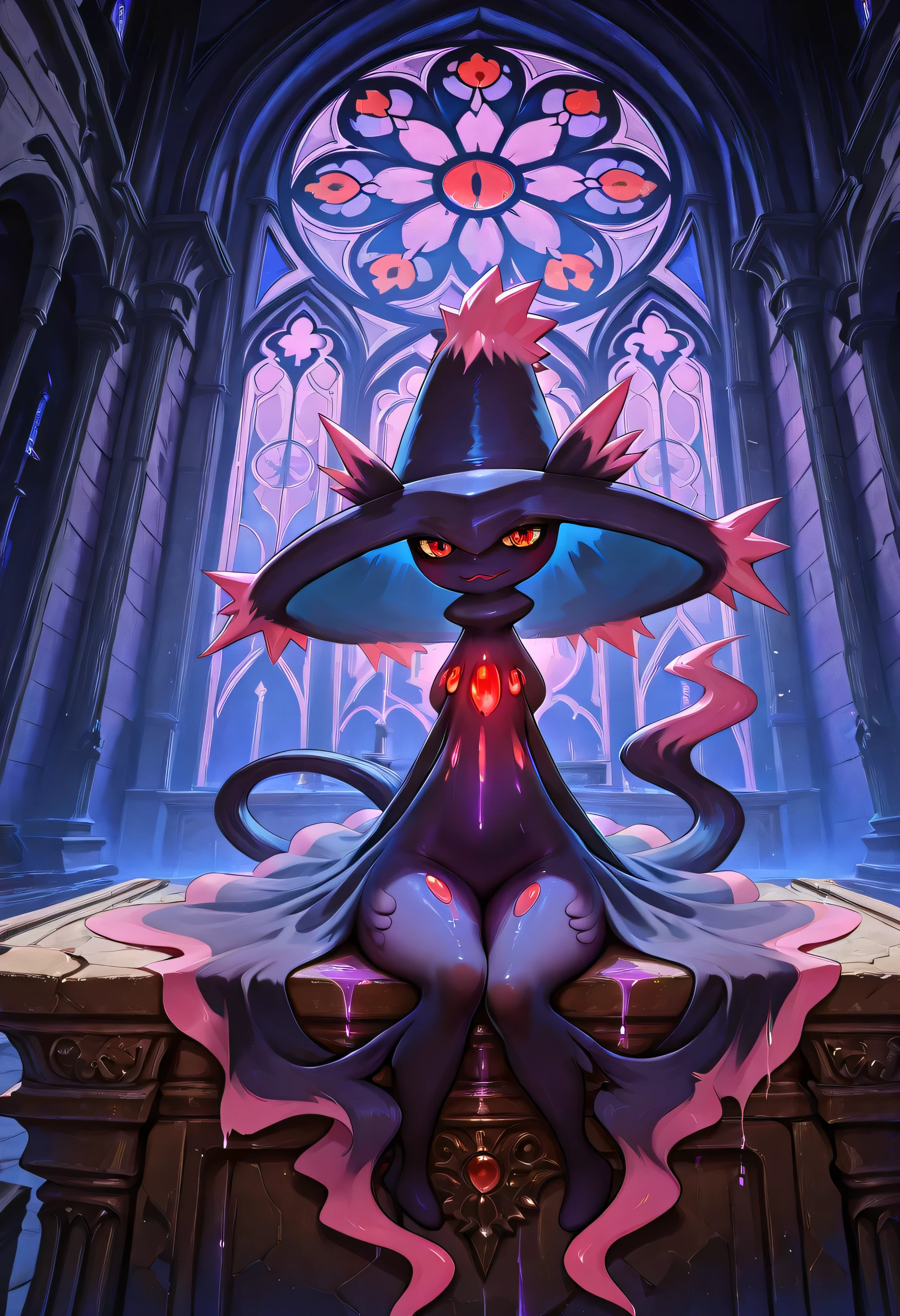 Mismagius nude, lounging sensually on a broken altar in a ruined gothic cathedral, soft purple light pouring through stained glass, curved tail resting around her legs, body partly veiled by drifting mist, red eyes glowing softly, painterly semi-realistic NSFW art