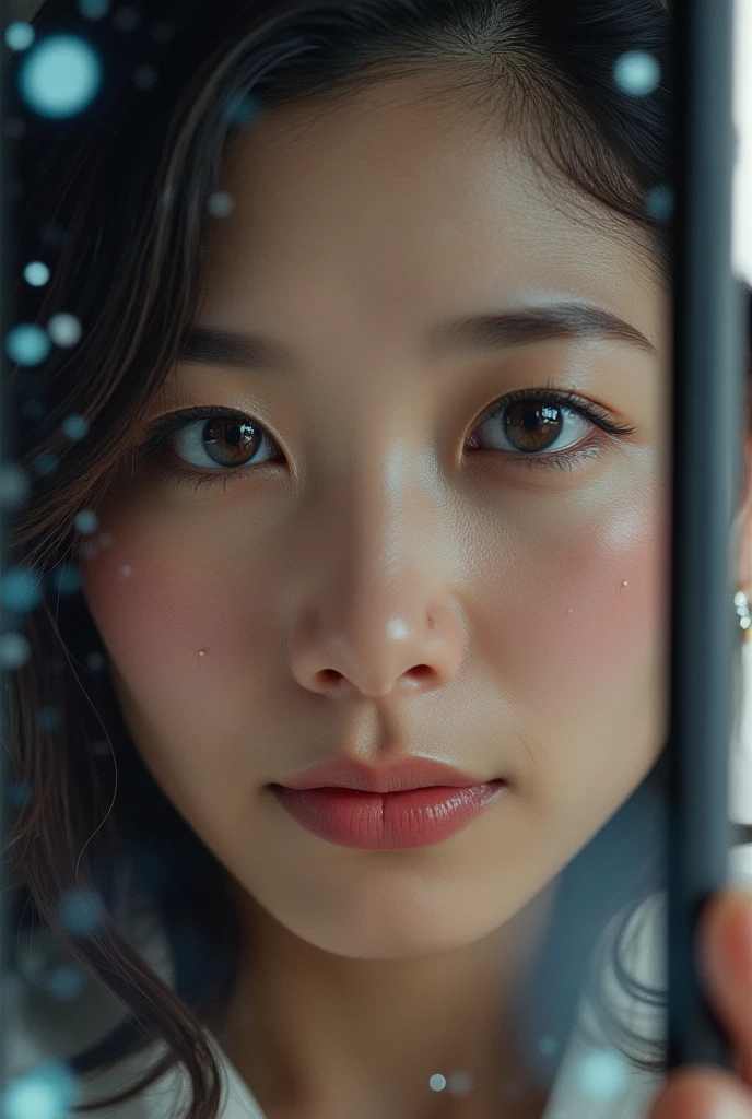 masterpiece, hyper detailed, photo real, Close-up of a woman's facial expression on an iPhone screen.