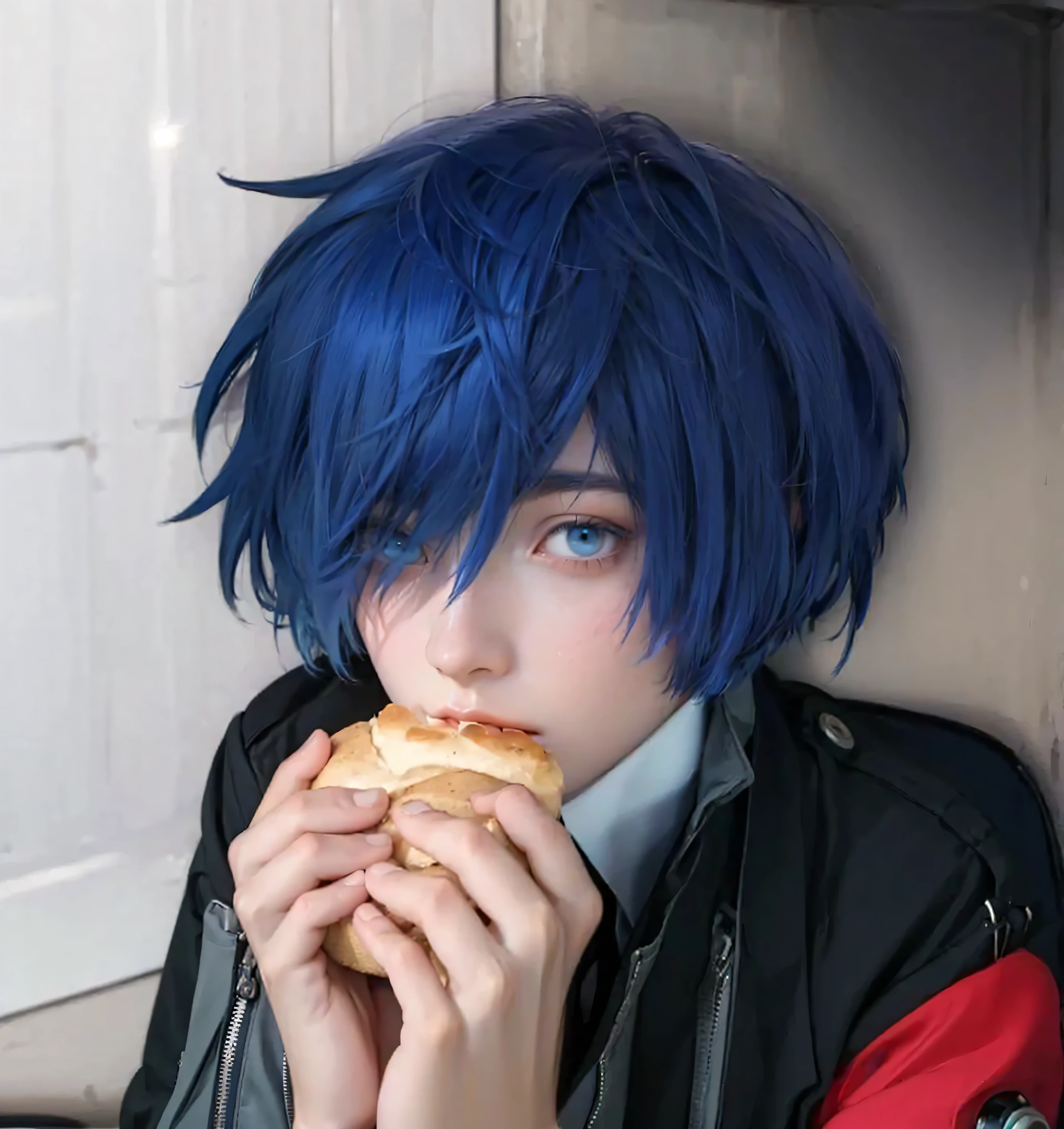 ((YUKI MAKOTO_PERSONA 5),((realistic, photorealistic)),(highlight hair)), Light reflection, (( HD )),((upper body)), (((best quality, masterpiece))), (masterpiece) (best quality) (detail) (8k) (HDR) (wallpaper) (cinematic lighting) (sharp focuasterpiece, best quality: 1.1), Real life adaption of this character, Asian beauty face, Shining Purple eyes, realistic outfit, realistic shadow, realistic light, realism, hyper realistic, realistic background,(photorealistic:1.2), (masterpiece, top quality, best quality, beautiful and aesthetic:1.2),(8k, best quality, masterpiece:1.2), (((masterpiece))),(((best quality))),(((extremely detailed))),who, (masterpiece, top quality, best quality, beautiful and aesthetic:1.2),(8k, best quality, masterpiece:1.2), ((masterpiece,best quality)), masterpiece,best quality,amazing quality, very aesthetic, (masterpiece),masterpiece, best quality, absurdres, perfect anatomy, masterpiece, yuki makoto, hair over one eye, school uniform, jacket, ribbon, armband, digital media player, blue hair, blue eyes
masterpiece, best quality, absurdres, city, night, blank expression,Eating Bread, room background, white door