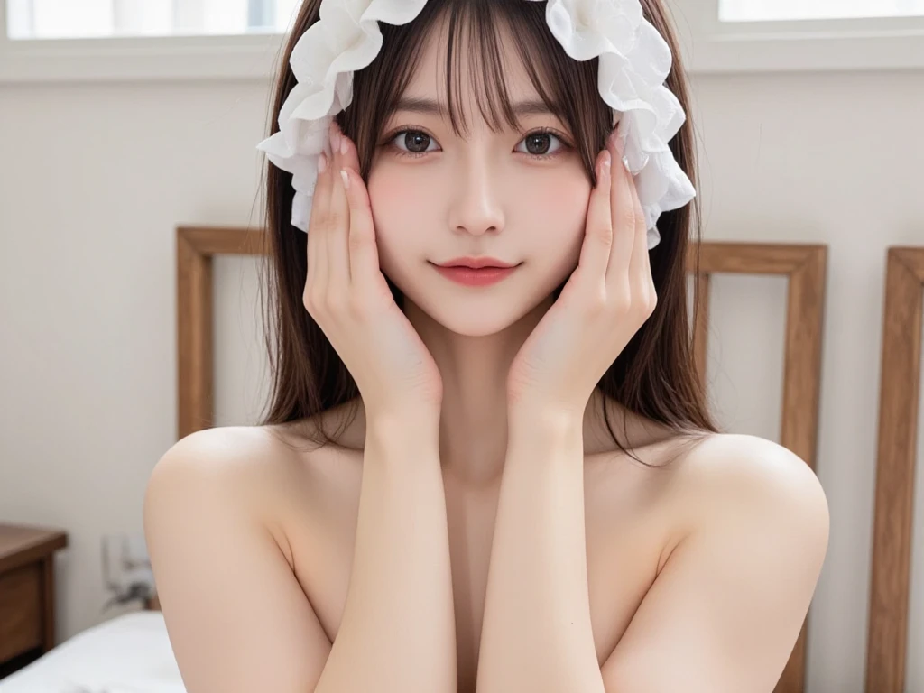 one girl,((best image quality:1.7))、((from above:1.5))、((looking up:1.5))、((sit on the floor:1.5))、((face focus:1.5))、beautiful girl, delicate girl:1.3), (15 years old:1.3),(smiling beautiful girl:1.2)、((very small flat chest:1.4))、break, (Bare skin、micro bikini、transparent:1.2),break, very fine resolution, (symmetrical eyes:1.3),(micro bikiniがtransparent:1.5)、break, (お風呂場でtransparentなmicro bikiniを着ているbeautiful girlスナップ:1.3), (micro bikiniが透けてBare skinが見えている:1.4)、perfectly trimmed fingers,break, small breasts, brown eyes, parted bangs, brown hair,break, (Eye and face details:1.0),break, (masterpiece, highest quality, Super detailed, detailed face, 8K)