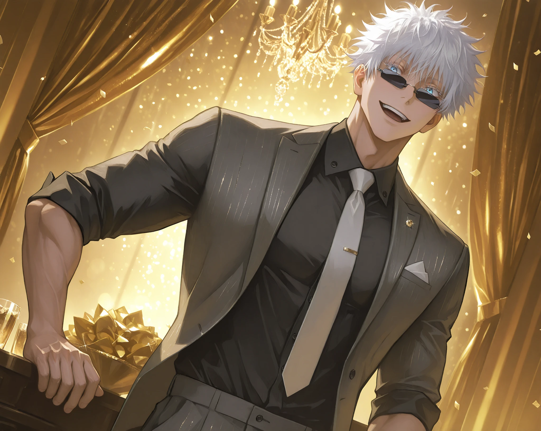 1boy , Satoru Gojo , Jujutsu Kaisen anime, wearing a black turtleneck sweater and sunglasses, with a glass of champagne in his hand. He has a confident expression on his face.