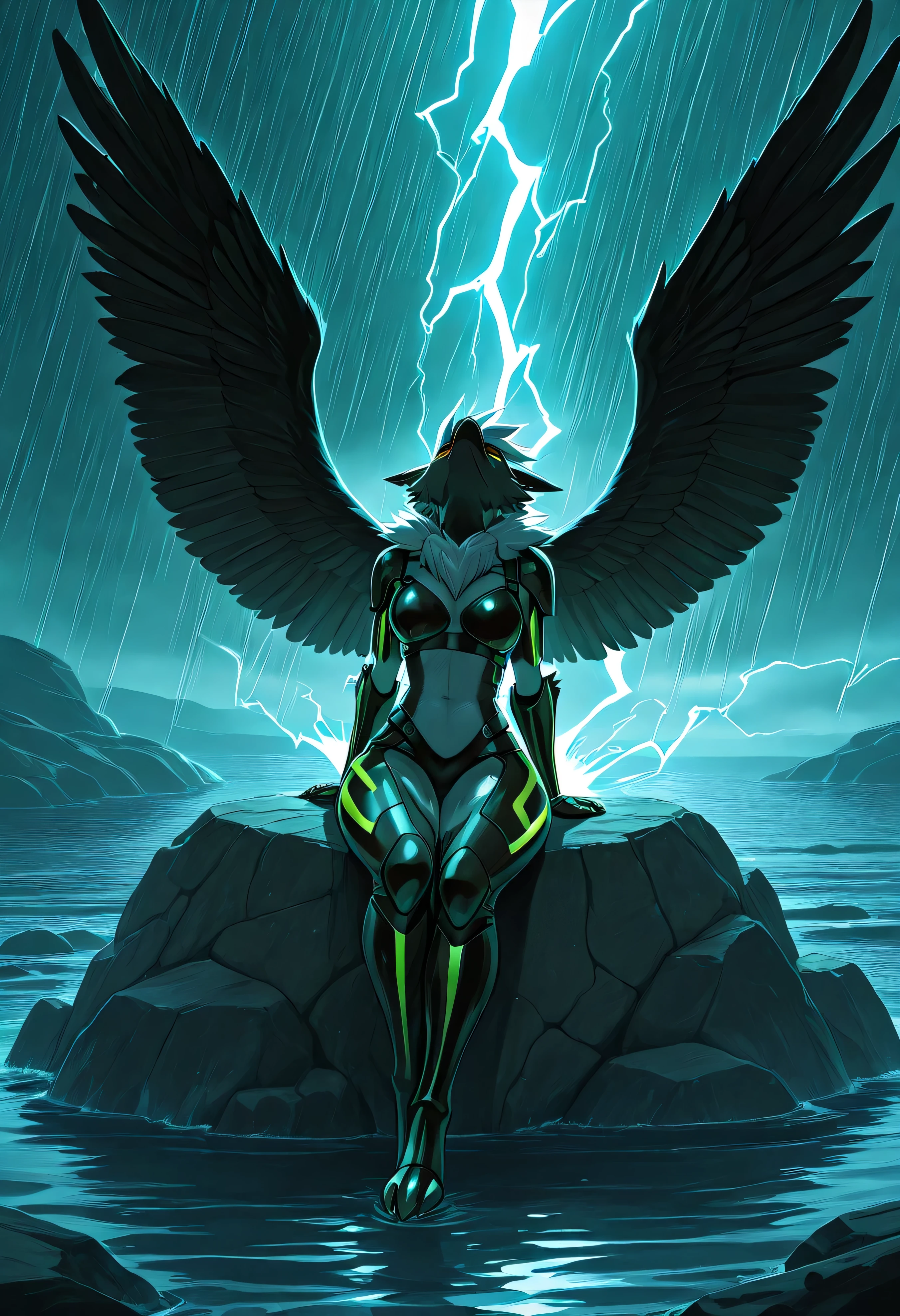 Sitting on a rocky coast during a violent thunderstorm, anthro Zephyrmon spreads her legs while leaning back against a stone wall. Her soaked fur gleams under lightning flashes, and her minimal armored straps hang loose across her hips. Her wings rest drooped from the rain, and her expression is raw, dominant, and hungry. Painterly, high-drama NSFW.