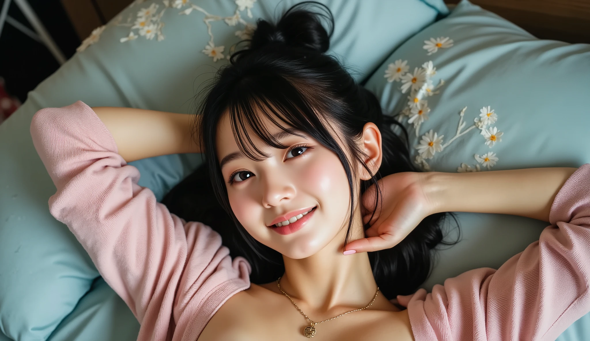((解剖学的にaccurate人体構造)), (Canon), (EOS R5), (50mm), ( No Lens Flare :1.5), (超high definition), (masterpiece), accurate, (realisticな質感の肌), ((Highest Quality:1.5)), ((masterpiece:1.5)), ((realistic)), (high definition), Super Detail, High detail during meals, winning work, 32K, depth of field, digital camera, Bright cinematic lighting, Bright professional lighting ,((NSFW)), (((pink cardiganを羽織っているフルヌード:2.0))), (Sometimes Wears a Black Suit), ((Aerial view from above :1.8)), (( upper body shot from head to knee :1.8)), (full body shot with mahiru:1.4), ((Beautiful and cute, 20-year-old Japanese college girl)), ((A very cute college girl who feels young)), ((lying on her back with her hands behind her head showing her sweaty armpits)), ((オフショルダーでpink cardiganを羽織っいる:1.8)), ((pink cardigan)), (Realistic gold necklace), pretty, fluffy black hair, medium hair, very sexy, charming beauty, seductive pose, height 160cm, slim figure, Beautifully shaped big bust, E cup, ( very cute smile:1.5), (alone:1.5), (brown eyes in the bedroom:1.9), (Highly realistic detailed depiction of skin), (Highly detailed, realistic eyes:1.9), (Very beautiful long, realistic eyelashes), (Highly detailed, realistic eyebrows), (丸いbrown eyes in the bedroom :1.8), (Beautiful catchlights in the eyes), (Realistic lips with moisture ), (white realistic teeth neatly arranged), (Sexy, cute, and detailed face:1.6), (hourglass figure:1.6), (Wasp waist :1.5), (Perfectly round and beautifully shaped breasts:1.8), ( clearly contoured cheekbones :1.5), (perfectly shaped body :1.8), (Healthy body :1.8), (Narrow shoulders:1.9), (staring at the viewer), (seductive gaze), (Beautiful, natural-looking hands), (beautiful pink nails with a beautiful length), ( very cute smile:1.1), (Waist, I can see my stomach:1.4), (Realistic, natural visible belly button:1.4), ((pretty woman with fair skin lying on her back on a pale light blue bed with a beautiful flower pattern:1.5)), ((Light blue bedspread with a beautiful flower pattern)), ((Dark blue cover pillow with a beautiful flower pattern)), (Her whole body is facing the camera), Arms raised up 、((My cleavage is pretty sweaty)), ((I can see my sweaty underarms)), (( armpit is clean and smooth)), ((spread your legs wide)), My legs may stretch straight down,(Realistic and beautifully shaped bust), (Real Beautiful Nipples), (big areolas), (You can see real female genitals), (You can see a real vaginal opening), (I have a lot of pubic hair), (May have visible anus), 彼女の表情はvery sexyで魅力的, Soft lighting creates a romantic and intimate atmosphere, ( show your hands as little as possible ), accurate手の形,accurate手の指の形,accurate手の指の数,5 fingers on one hand , accurate脚の形,accurate足の指の形, accurate足の指の数, Five fingers on one foot, (Color temperature 5000K)