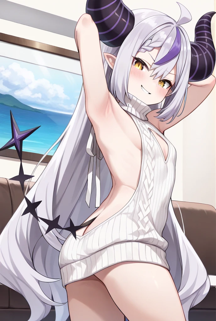 iono1, long hair, masterpiece, best quality, highres, 1girl, solo, fang, skin fang, short hair, (mole on thigh:0.8), bangs, hair behind ear, purple eyes, hair ornament, open mouth, beach, smile, squatting, small chest, short height, little girl, flat chest, small, cleavage, ((bare shoulder)), exposed, loose shirt, navel, presenting armpit