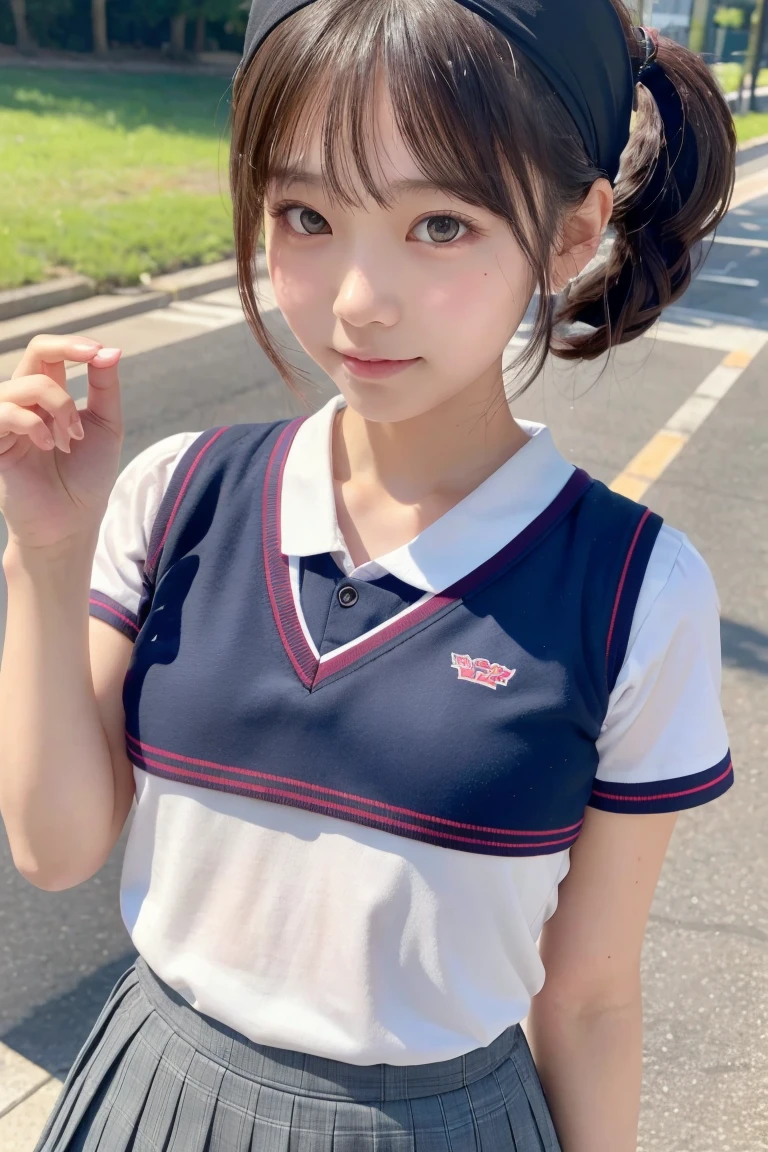 8k,masterpiece,Japanese,Two girls at 10 years old,from the front,smile,cute,Innocent face,Innocent,Kind eyes,Childish,A plain white shirt with a wide open chest,On all fours、slouch ,You can almost see her small cleavage Short sleeve,Blue checked super short skirt,Semi-long bun hair,Hair blowing in the wind,Black Hair,Somewhat strong wind,noon,bright,Sitting