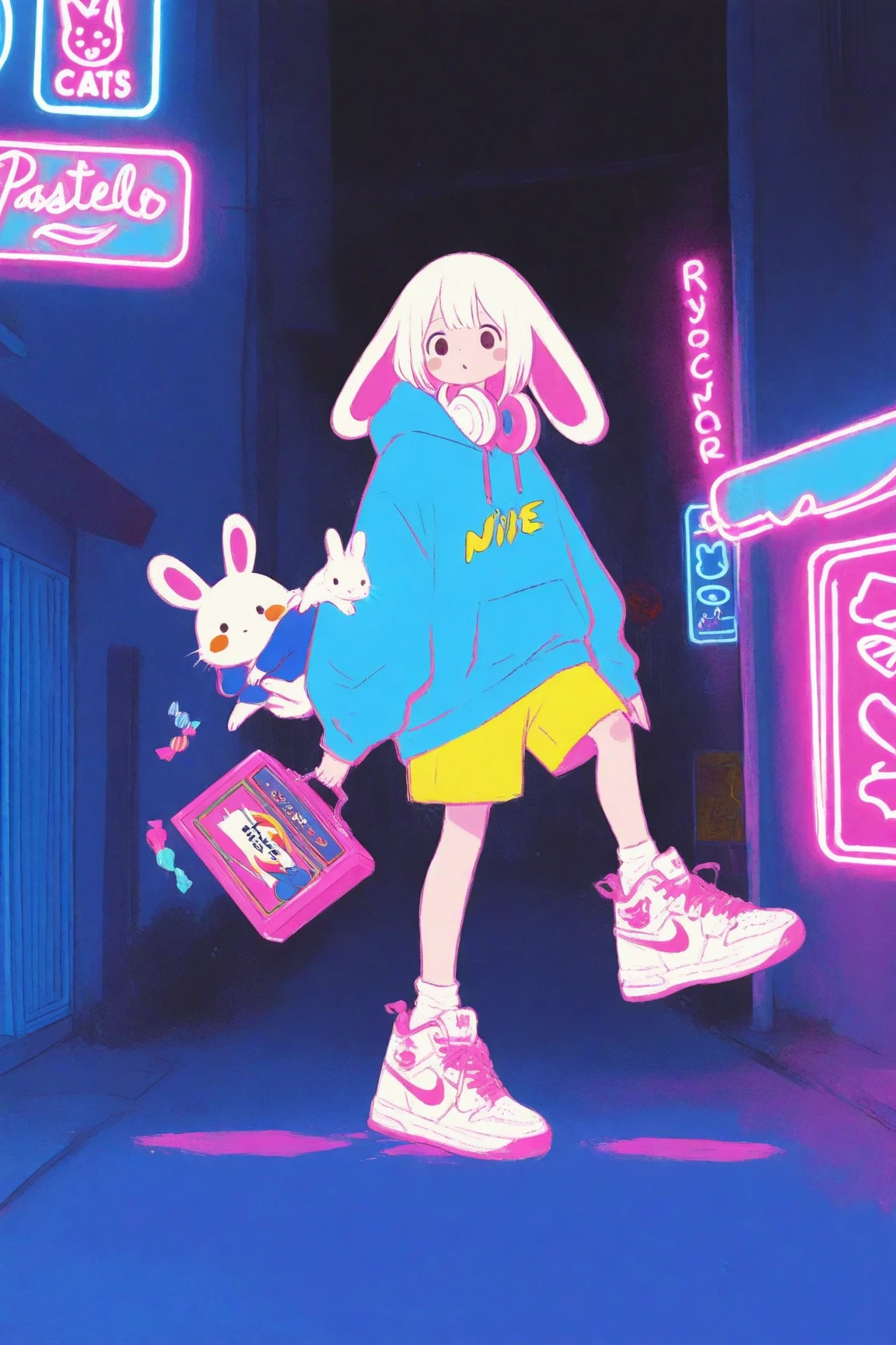 has an energetic and bright expression on the street where neon lights shine at night A girl in her late s is walking,pop icons such as stars,pastelピンクのボブヘアにカラフルなヘアピンを複数つけている,pastel yellow shorts,Clothes are oversized, bright blue hoodies、pastelイエローのショートパンツ、white Nike sneakers,The girl rolls a record box with a carry with her right hand,The record box is white、music and anime characters、Cute Animals（Cats, rabbits, etc.）、full of colorful stickers with the brand logo,kicks one leg forward so you can see walking movements, overaction gait,Buildings,road signs,the background and surroundings are cute cartoon style,Soft Shadows,pastel＆based on vivid colors,large white headphones on the neck、pink and blue neon lights and the city are floating in the background,high definition,bright and pop atmosphere,drawing in every detail, Anime Moe Art Style, Cute Core, cute art style,  cute anime , Official Artwork, cute little character girl, candy punk character design