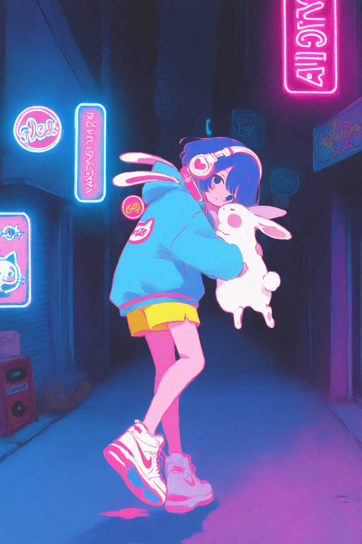 has an energetic and bright expression on the street where neon lights shine at night A girl in her late s is walking,pop icons such as stars,pastelピンクのボブヘアにカラフルなヘアピンを複数つけている,pastel yellow shorts,Clothes are oversized, bright blue hoodies、pastelイエローのショートパンツ、white Nike sneakers,The girl rolls a record box with a carry with her right hand,The record box is white、music and anime characters、Cute Animals（Cats, rabbits, etc.）、full of colorful stickers with the brand logo,kicks one leg forward so you can see walking movements, overaction gait,Buildings,road signs,the background and surroundings are cute cartoon style,Soft Shadows,pastel＆based on vivid colors,large white headphones on the neck、pink and blue neon lights and the city are floating in the background,high definition,bright and pop atmosphere,drawing in every detail, Anime Moe Art Style, Cute Core, cute art style,  cute anime , Official Artwork, cute little character girl, candy punk character design