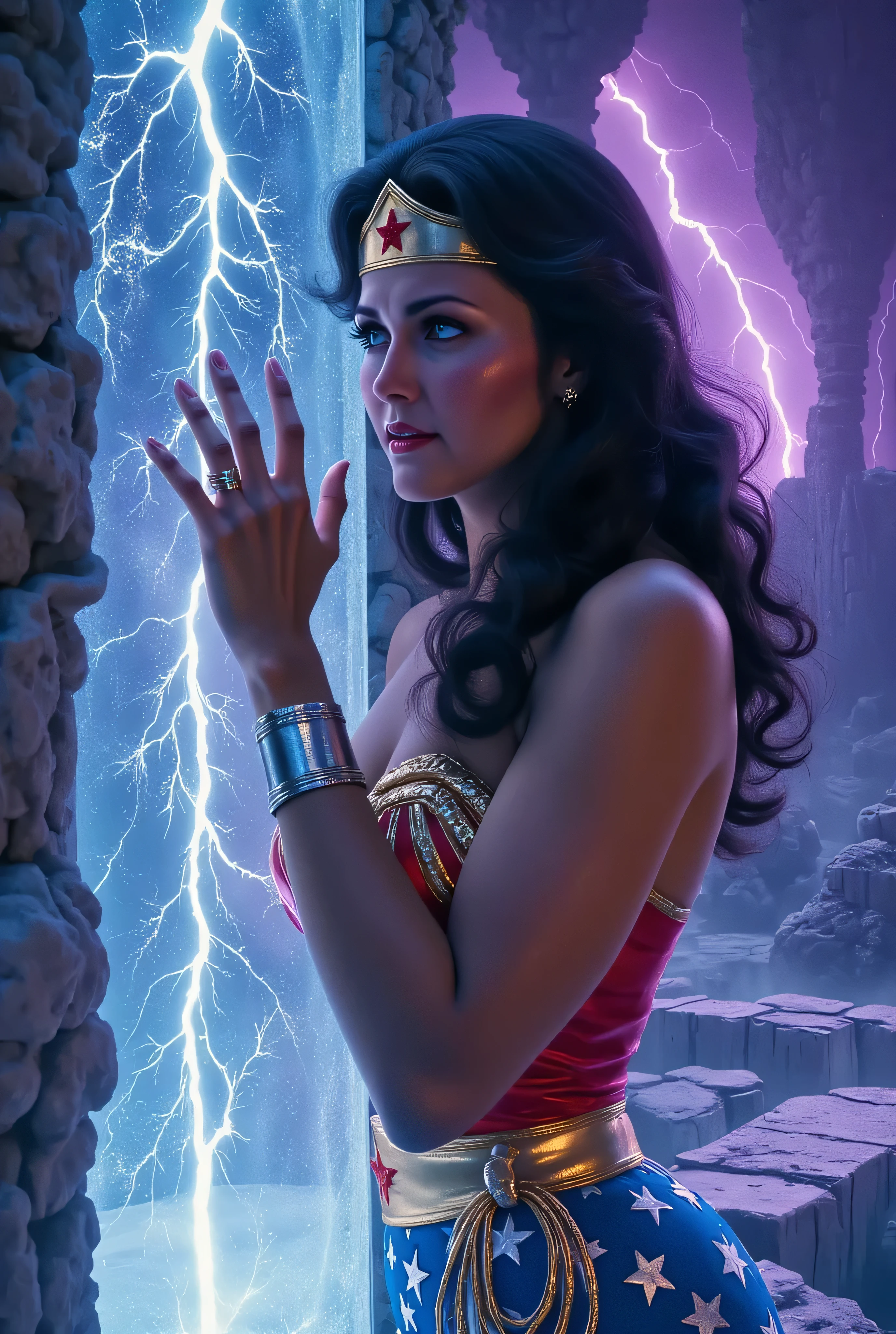 Wonder Woman (1970s Lynda Carter version), trapped in a translucent crystal prison with glowing veins of energy running through it. Her hands press against the shimmering surface in desperation, sweat glistening on her brow. The supernatural background shows a collapsing dimension with purple lightning and crumbling platforms. 3/4 close-up, 4K detail, HDR lighting, dramatic painterly style like Sakitman.