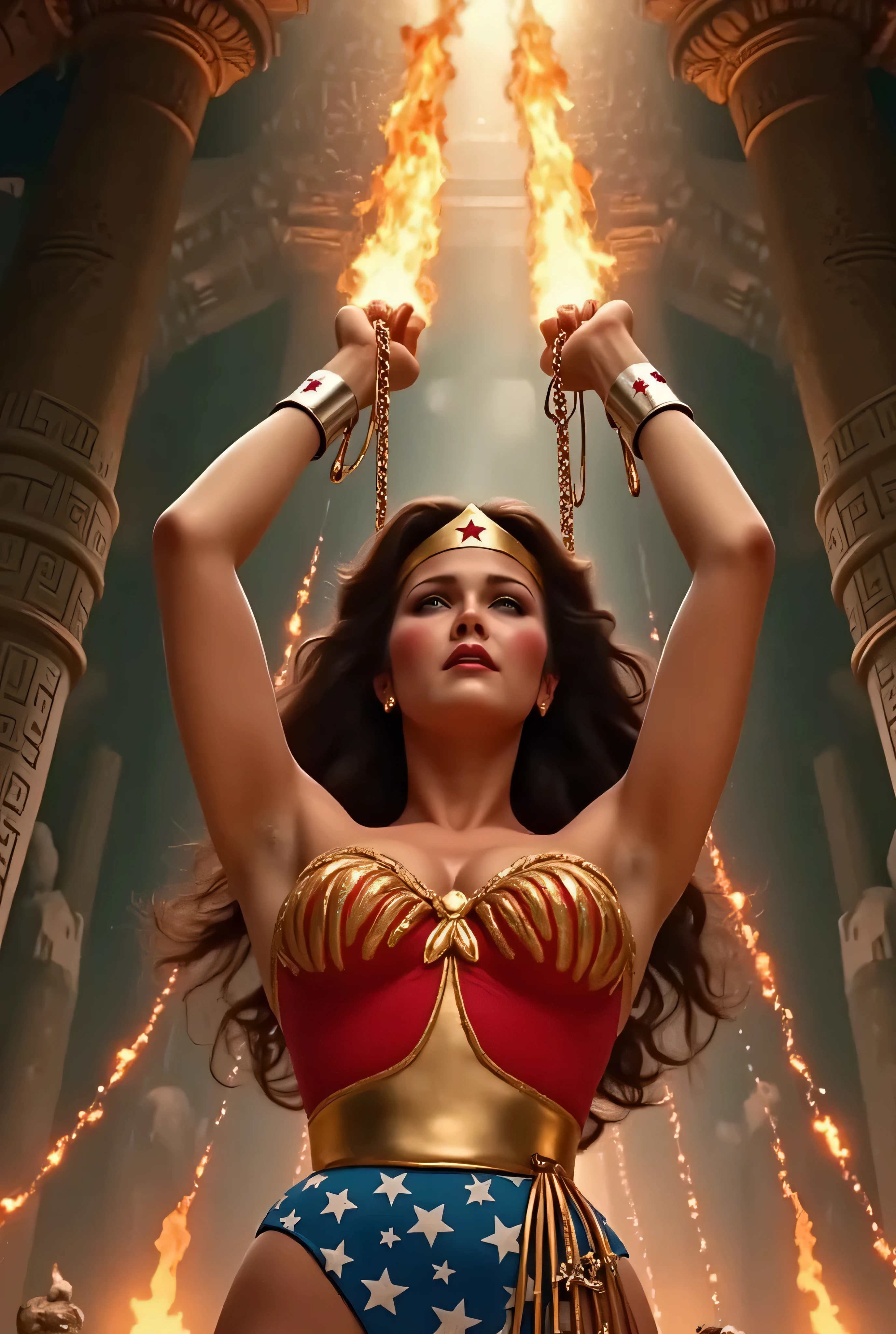 Lynda Carter as Wonder Woman in her 1970s costume, 3/4 close-up, arms bound above her head by glowing magical chains made of fire and light, suspended in mid-air within a ruined, arcane temple. Her expression is a mix of pain and defiance, hair tousled, tiara glowing faintly. The background swirls with ancient runes and ghostly figures. 4K resolution, HDR clarity, painterly textures, Sakitman-style semi-realism with deep shadows and glowing highlights.