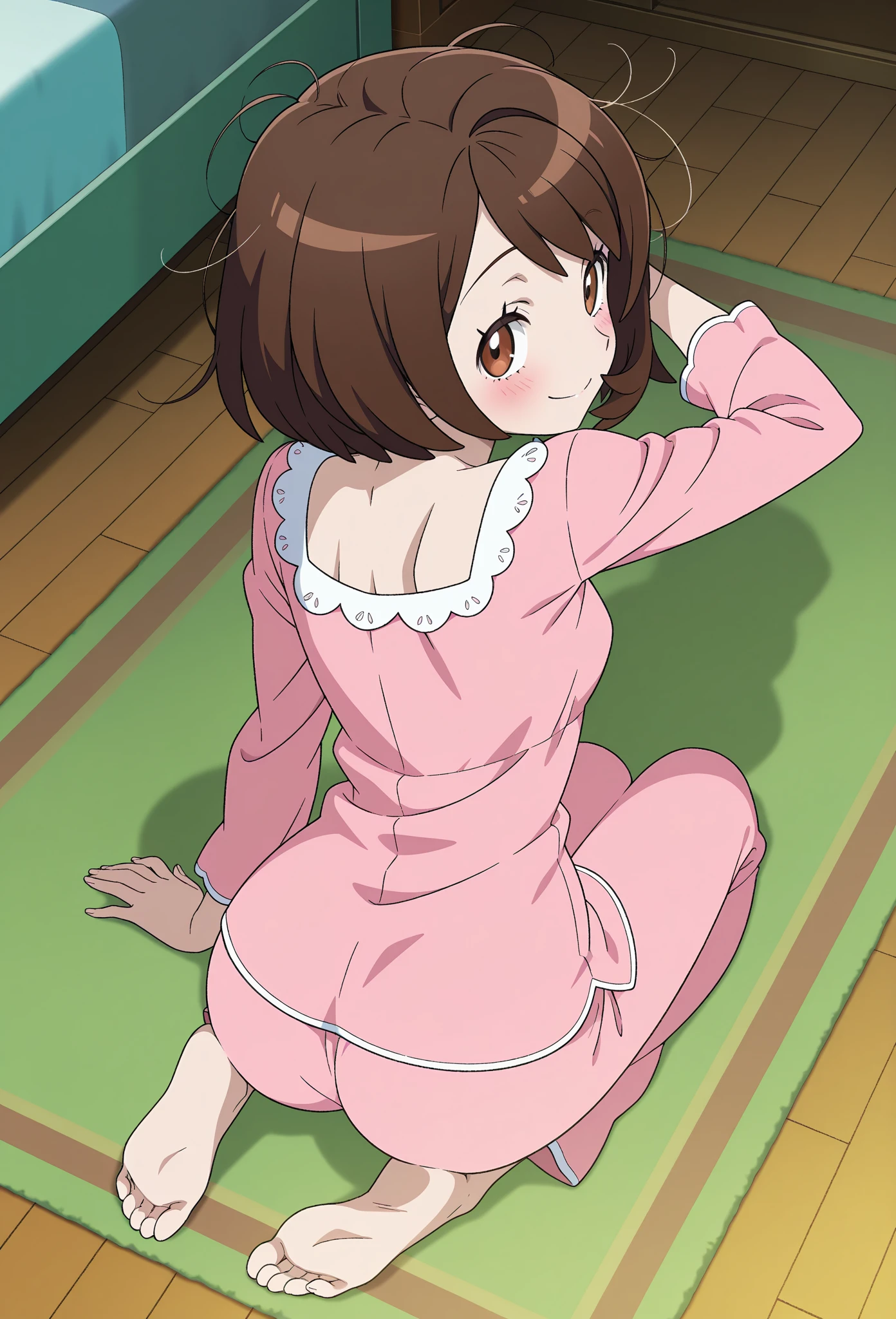 score_8_up, score_7_up, score_6_up, source anime, anime screencap, miwa, tatami mat, indoors, living room, looking at viewer, smile, open mouth, lying on stomach, reading magazine, tank top, loli_, flat chest, butt, ass, ass focus, naked, bottomless, bare ass, tanned kine, tan lines,